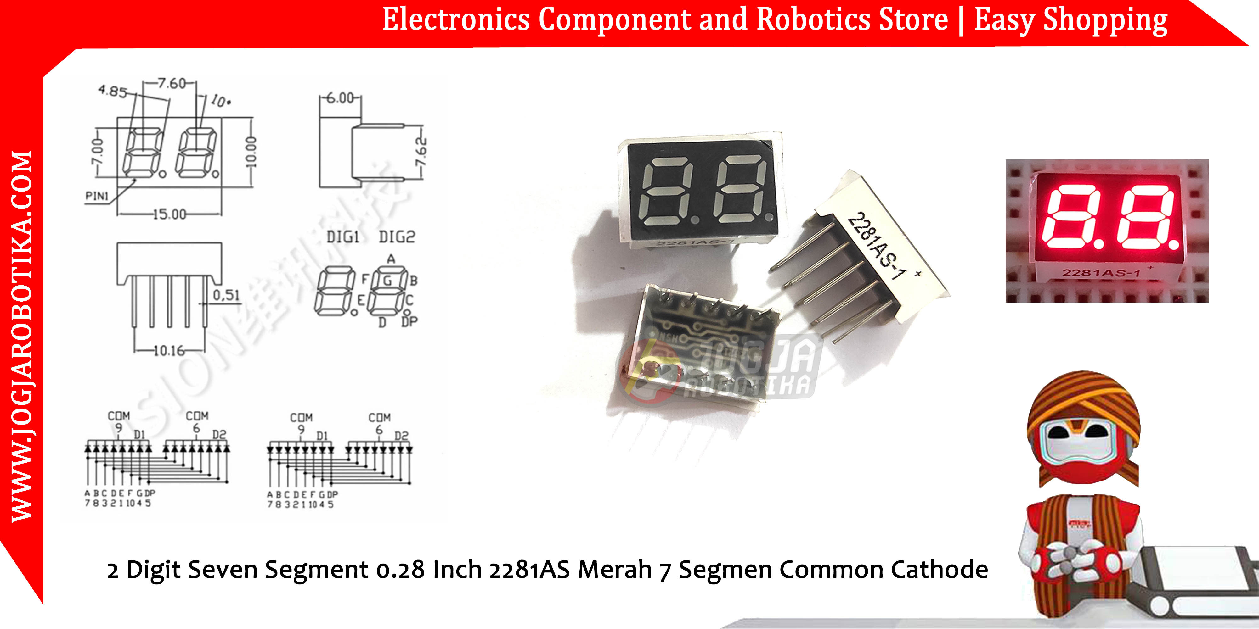 2 Digit Seven Segment 0.28 Inch 2281AS 2821AS Merah 7 Segmen Common Cathode