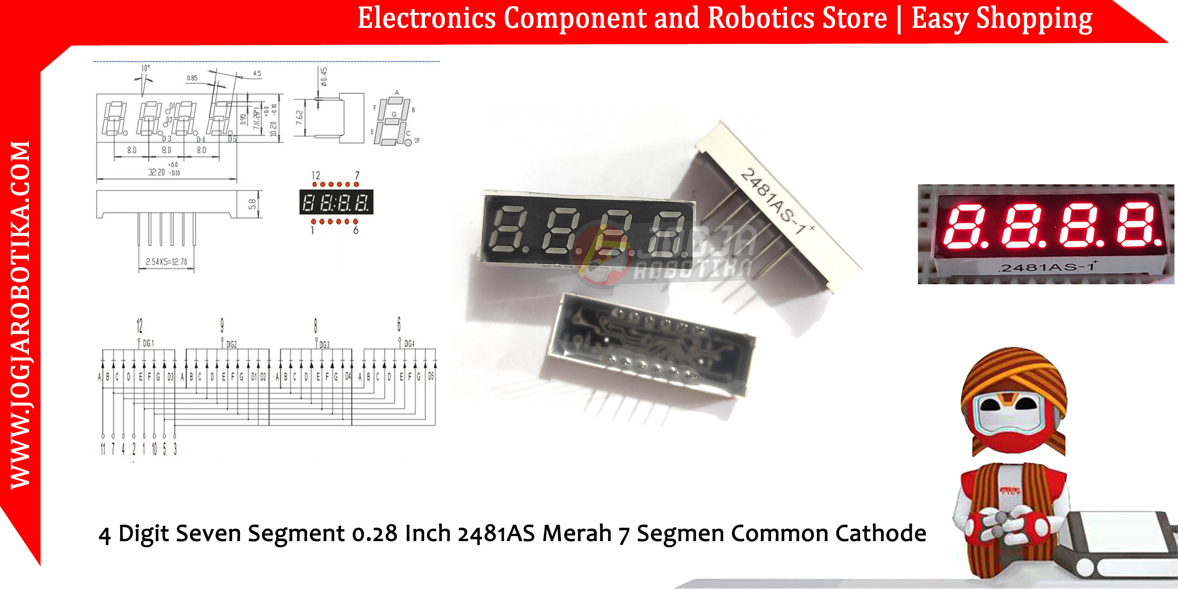 4 Digit Seven Segment 0.28 Inch 2481AS Merah 7 Segmen Common Cathode