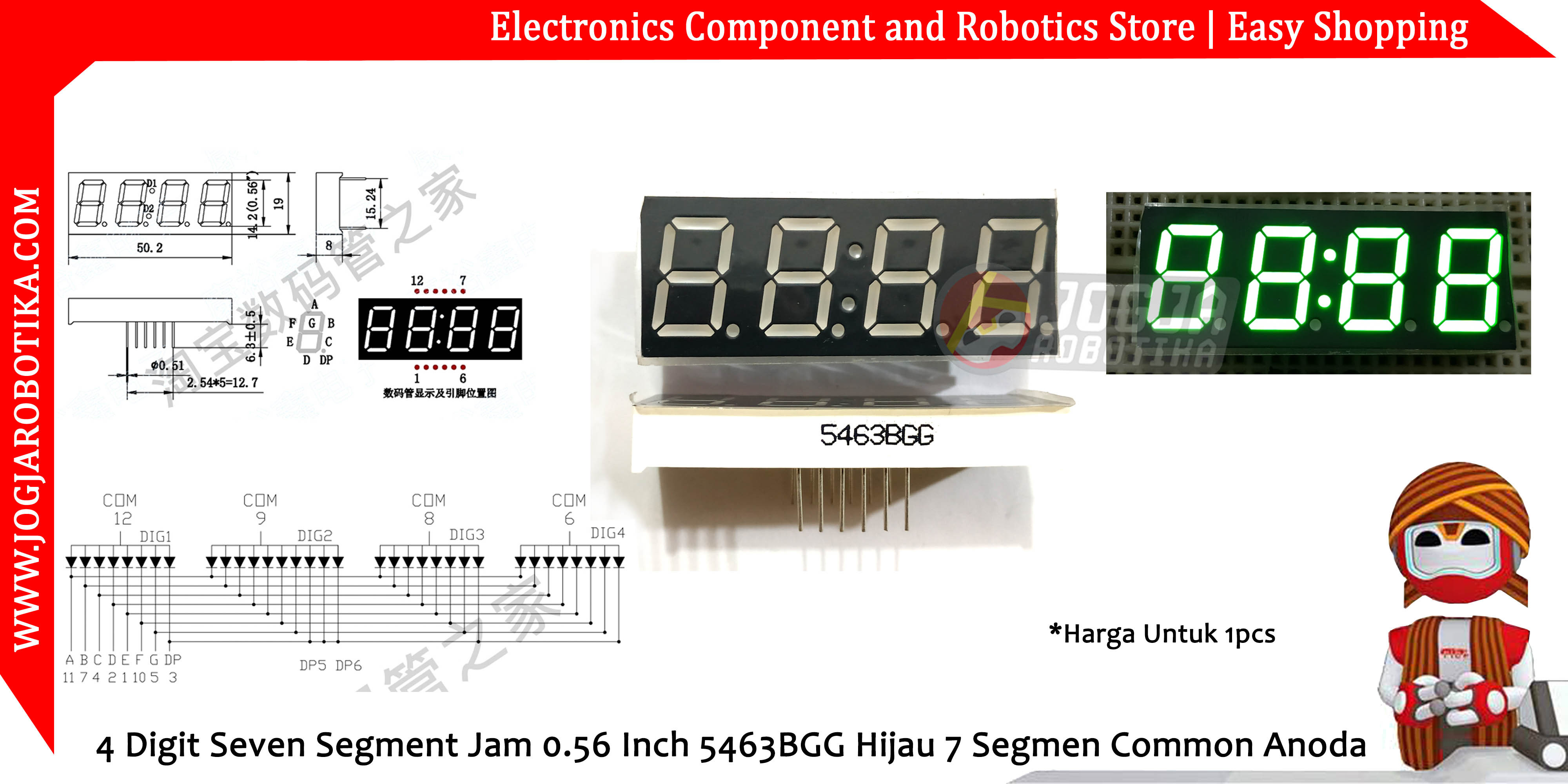 4 Digit Seven Segment Jam 0.56 Inch 5463BGG Hijau 7 Segmen Common Anoda