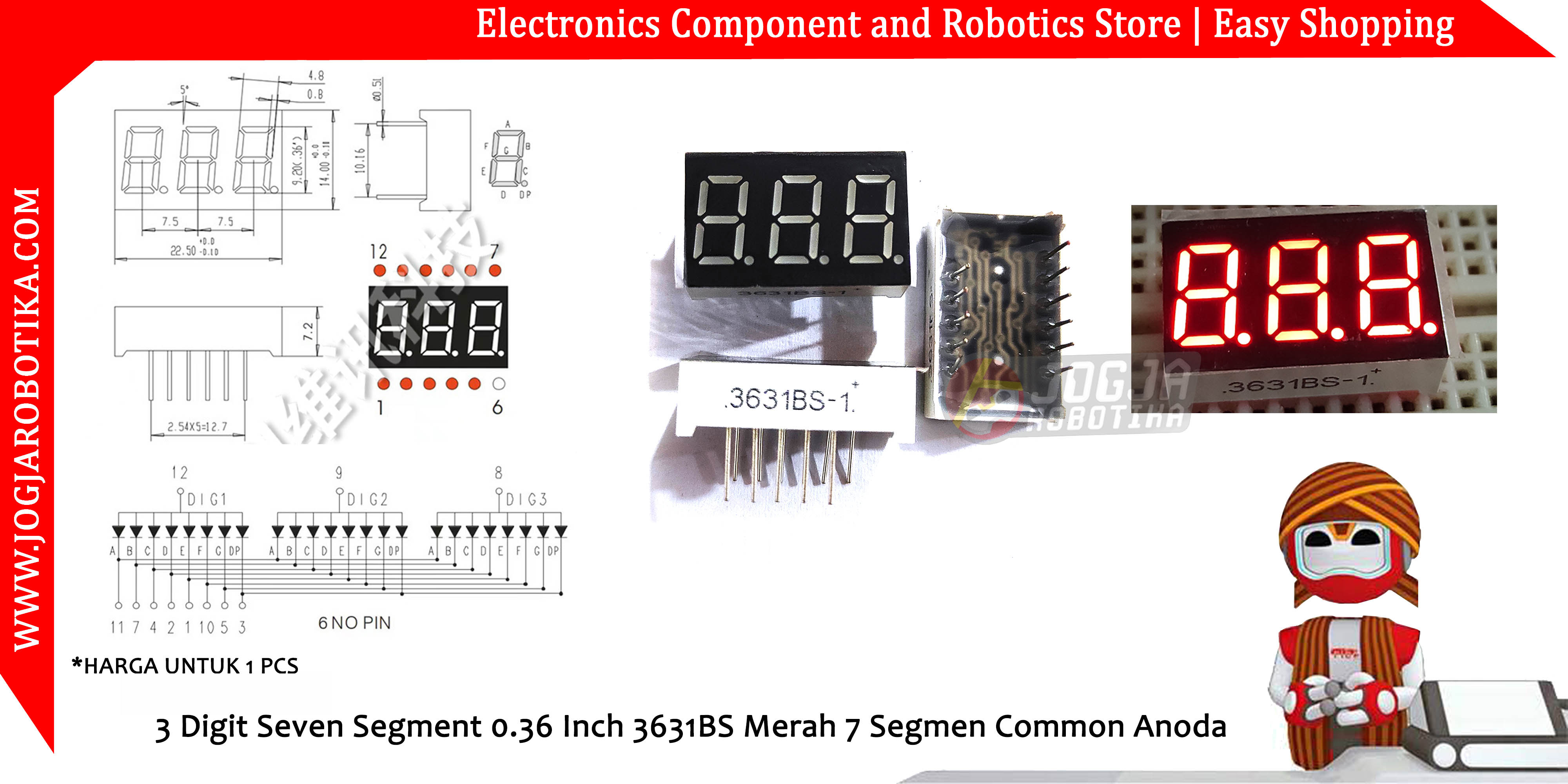 3 Digit Seven Segment 0.36 Inch 3631BS Merah 7 Segmen Common Anoda