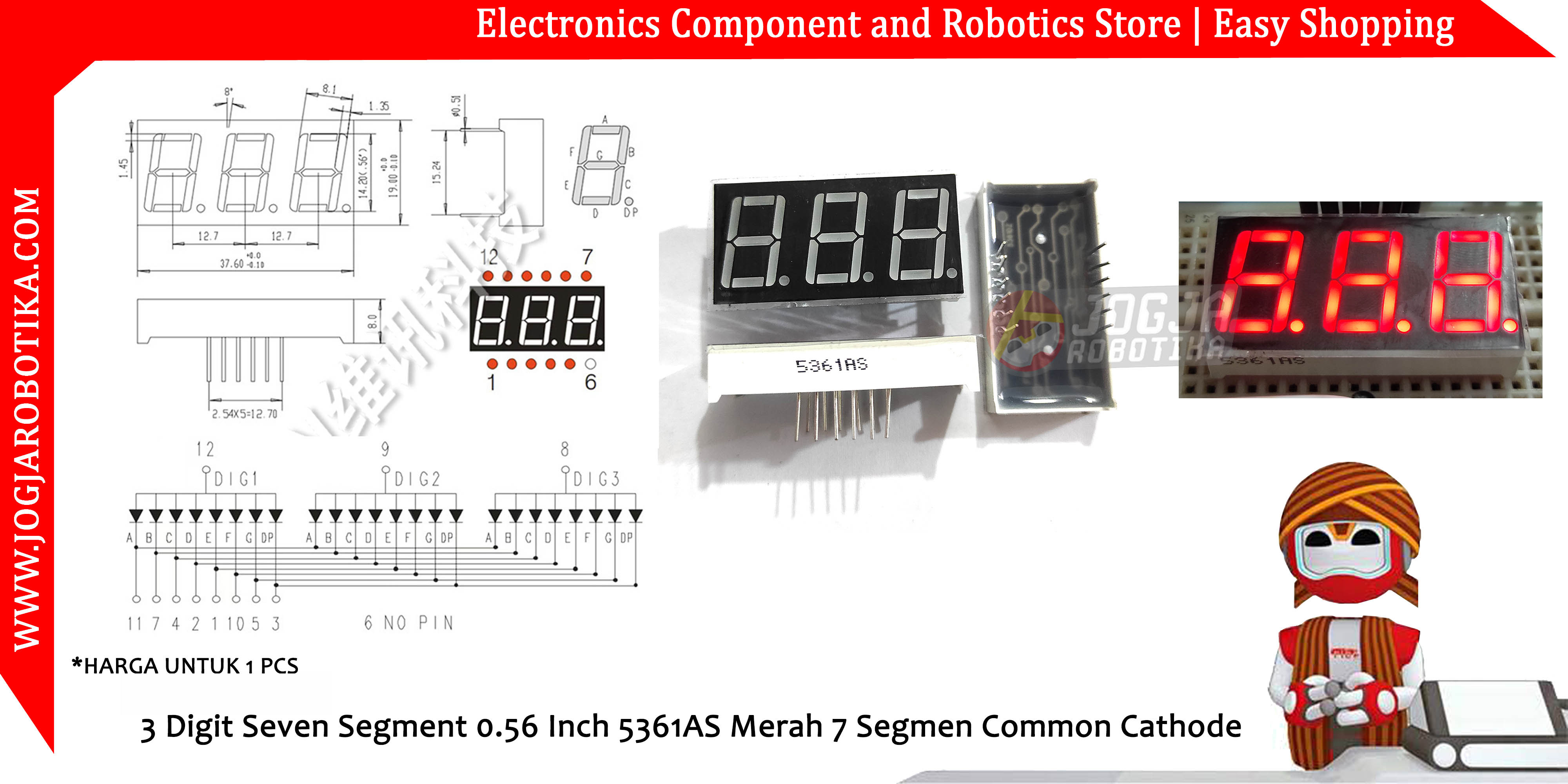 3 Digit Seven Segment 0.56 Inch 5361AS 5631AS Merah 7 Segmen Common Cathode