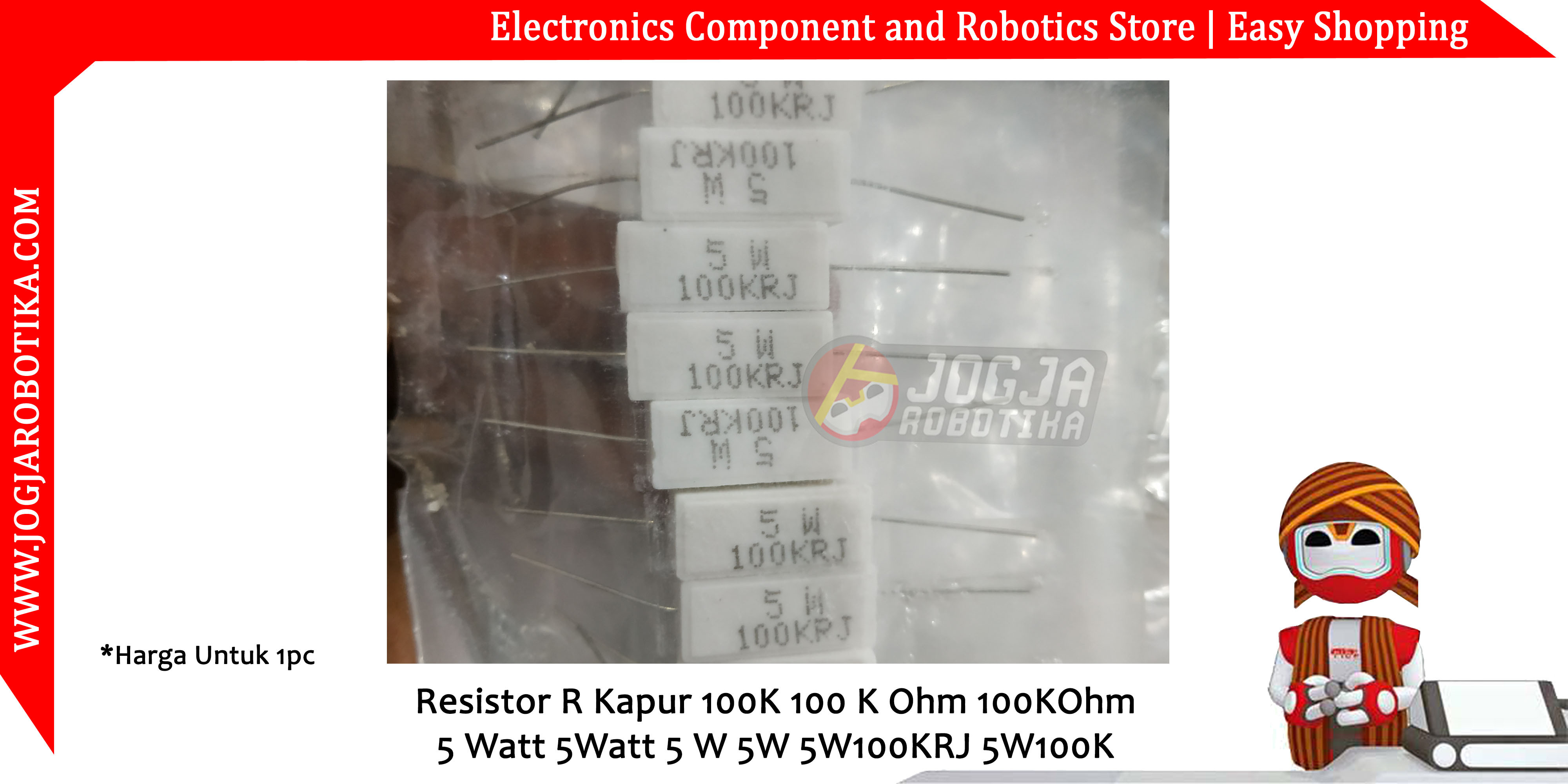 Resistor R Kapur 100K 100 K Ohm 100KOhm 5 Watt 5Watt 5 W 5W 5W100KRJ 5W100K