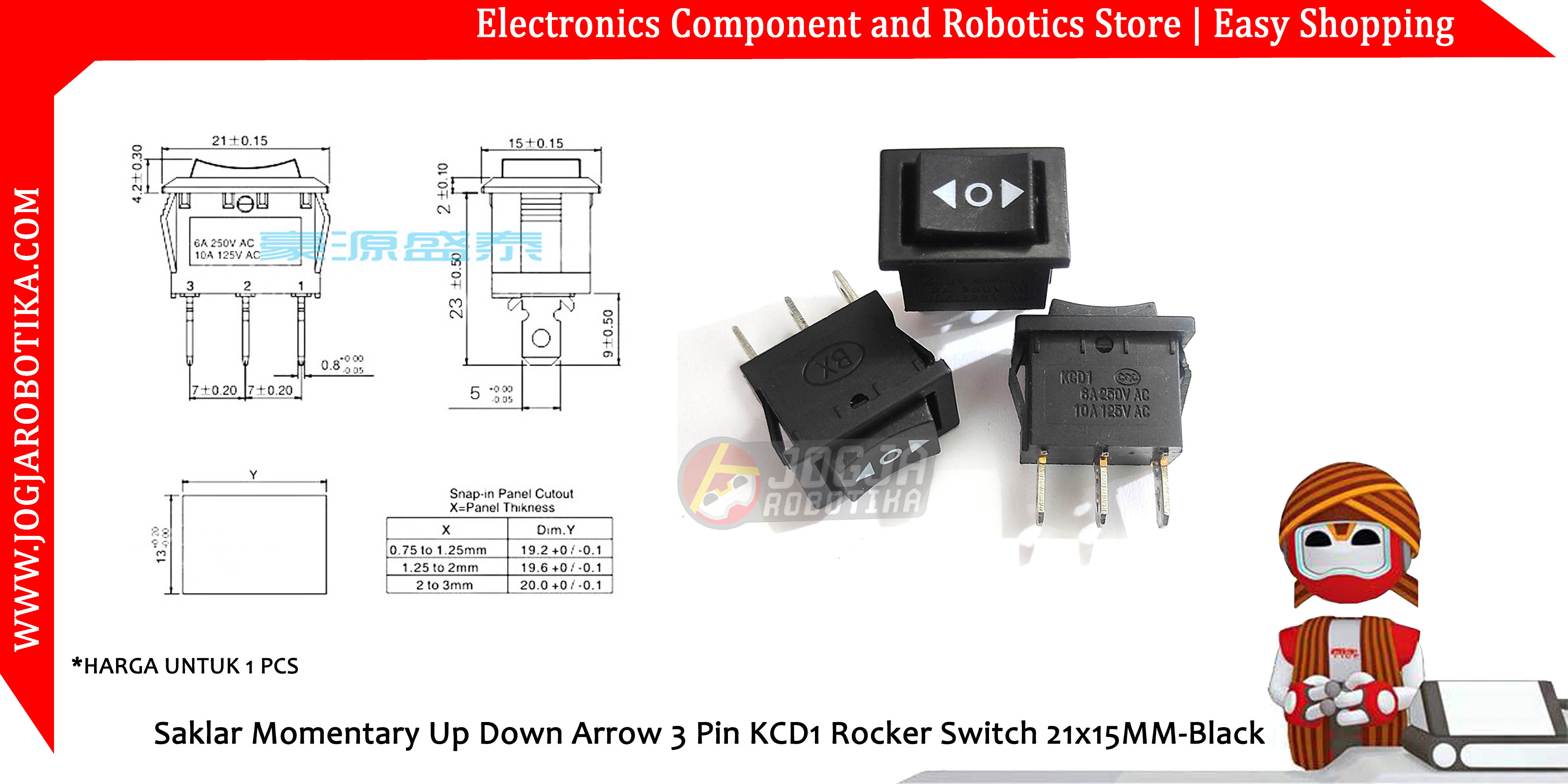 Saklar Momentary Up Down Arrow 3 Pin KCD1 Rocker Switch 21x15MM-Black