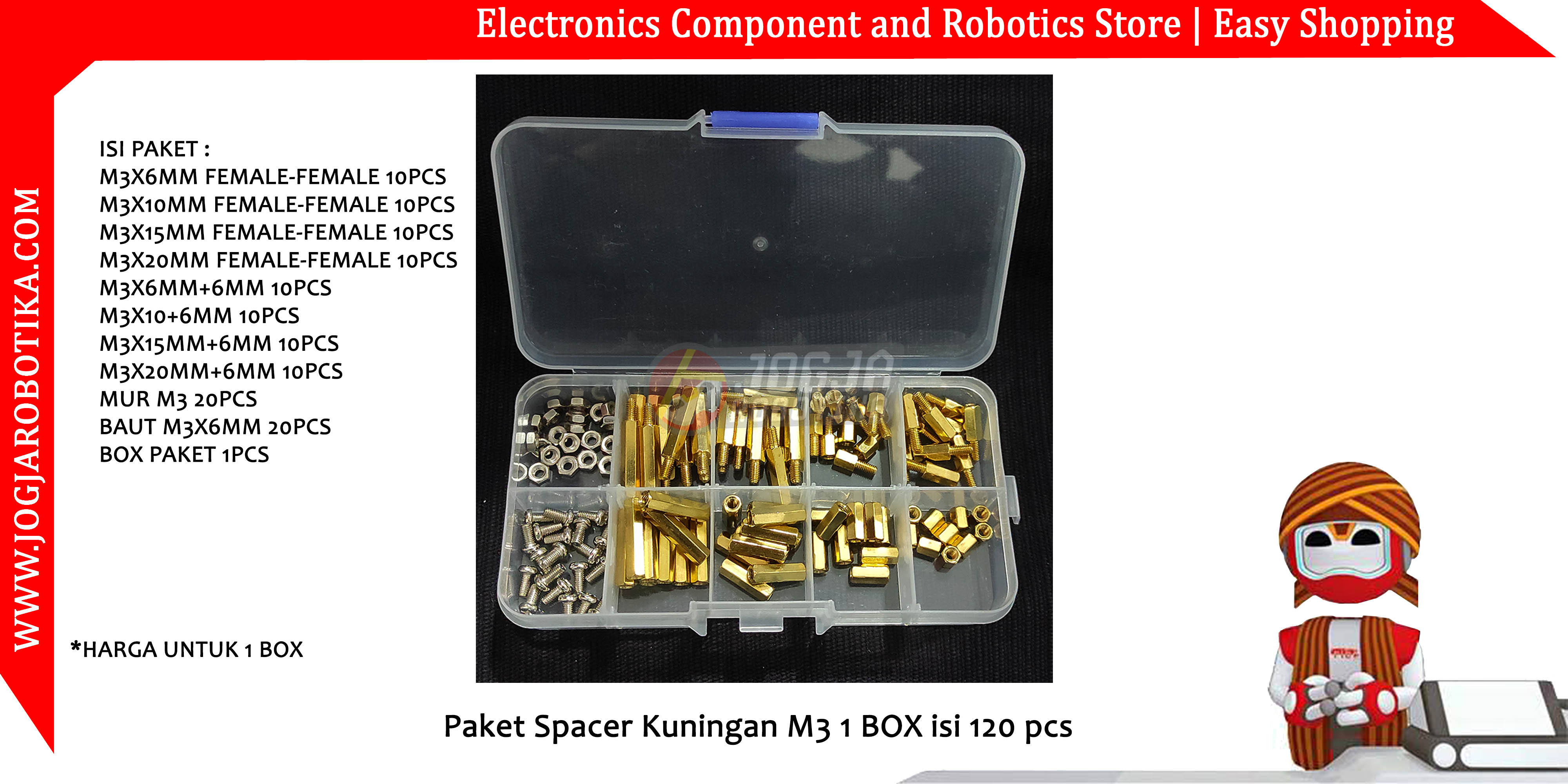 Paket Spacer Kuningan M3 1 BOX isi 120 pcs