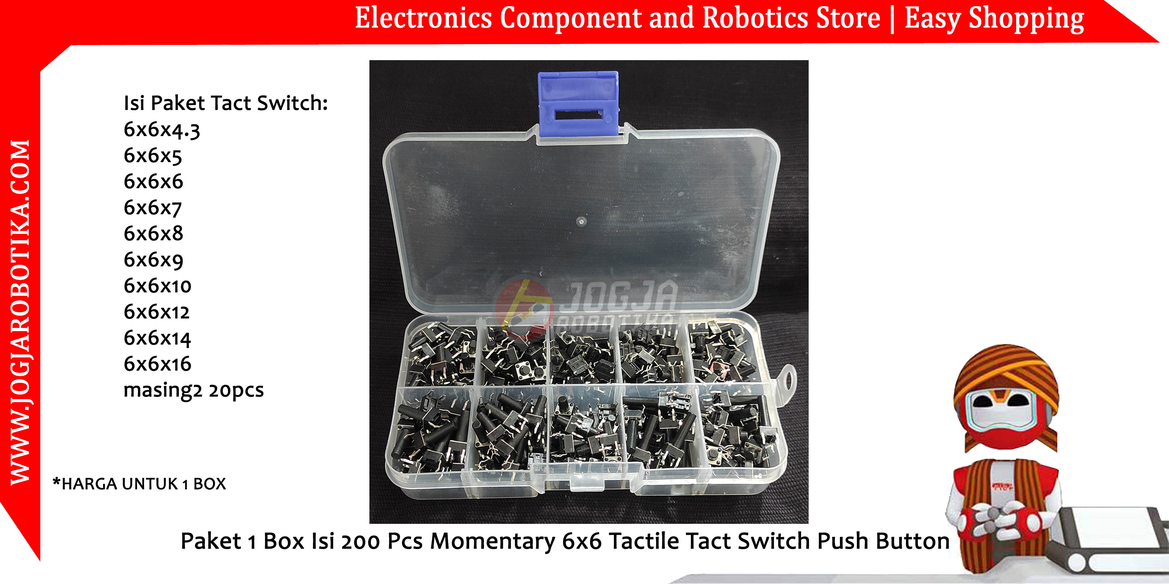 Paket 1 Box Isi 200 Pcs Momentary 6x6 Tactile Tact Switch Push Button