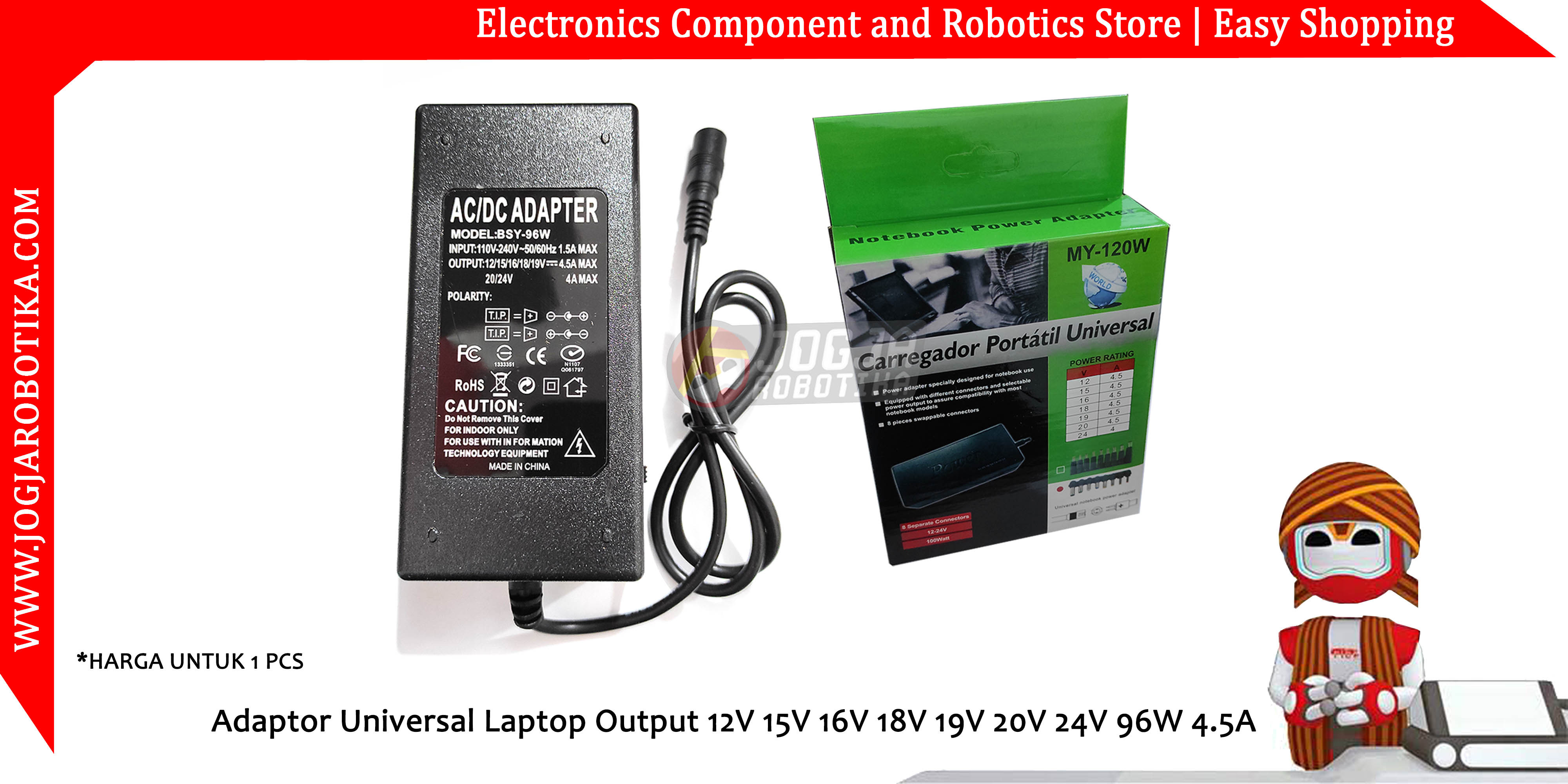 Adaptor Universal Laptop Output 12V 15V 16V 18V 19V 20V 24V 96W 4.5A