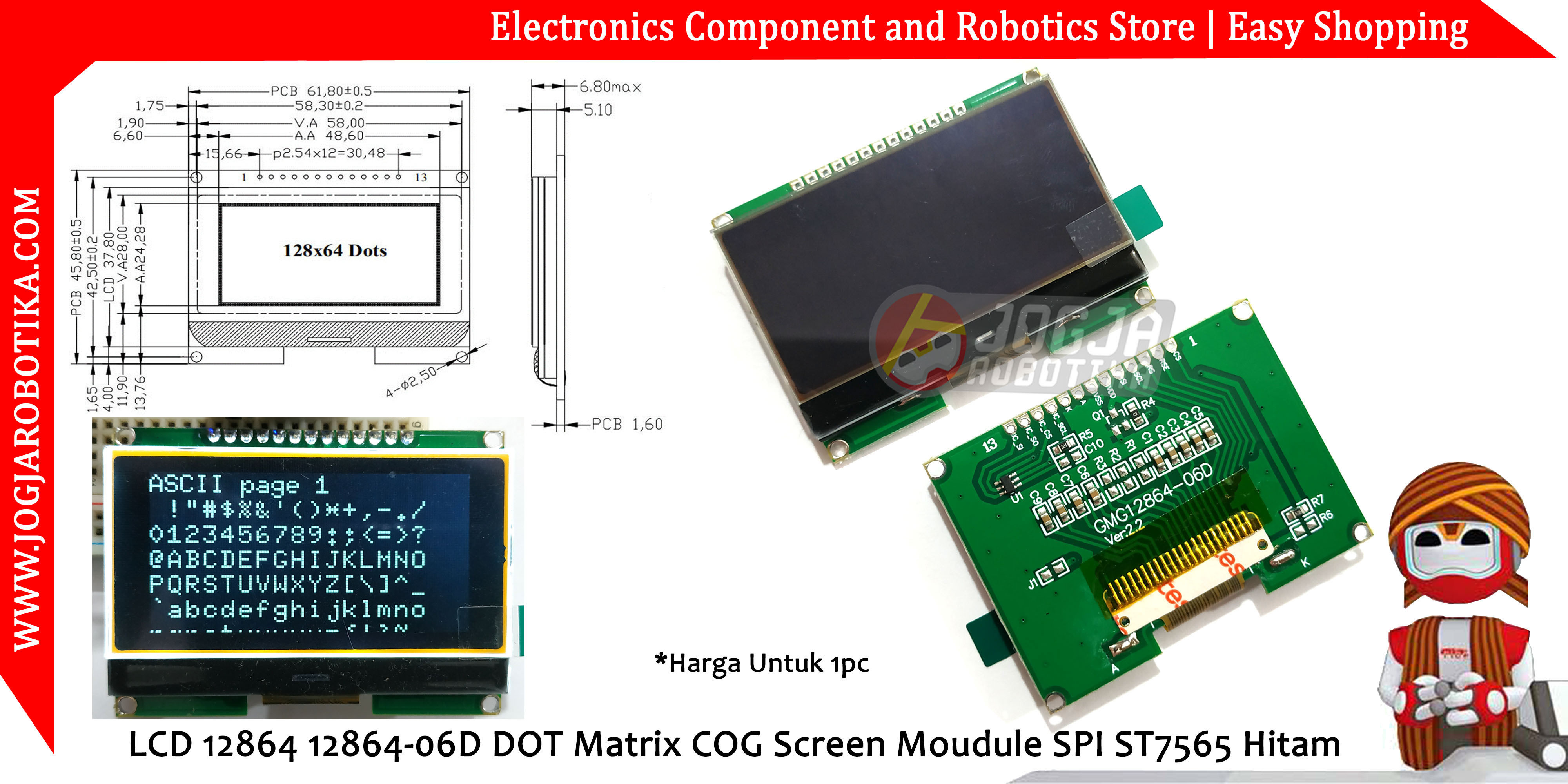 LCD 12864 12864-06D DOT Matrix COG Screen Module SPI ST7565 Hitam