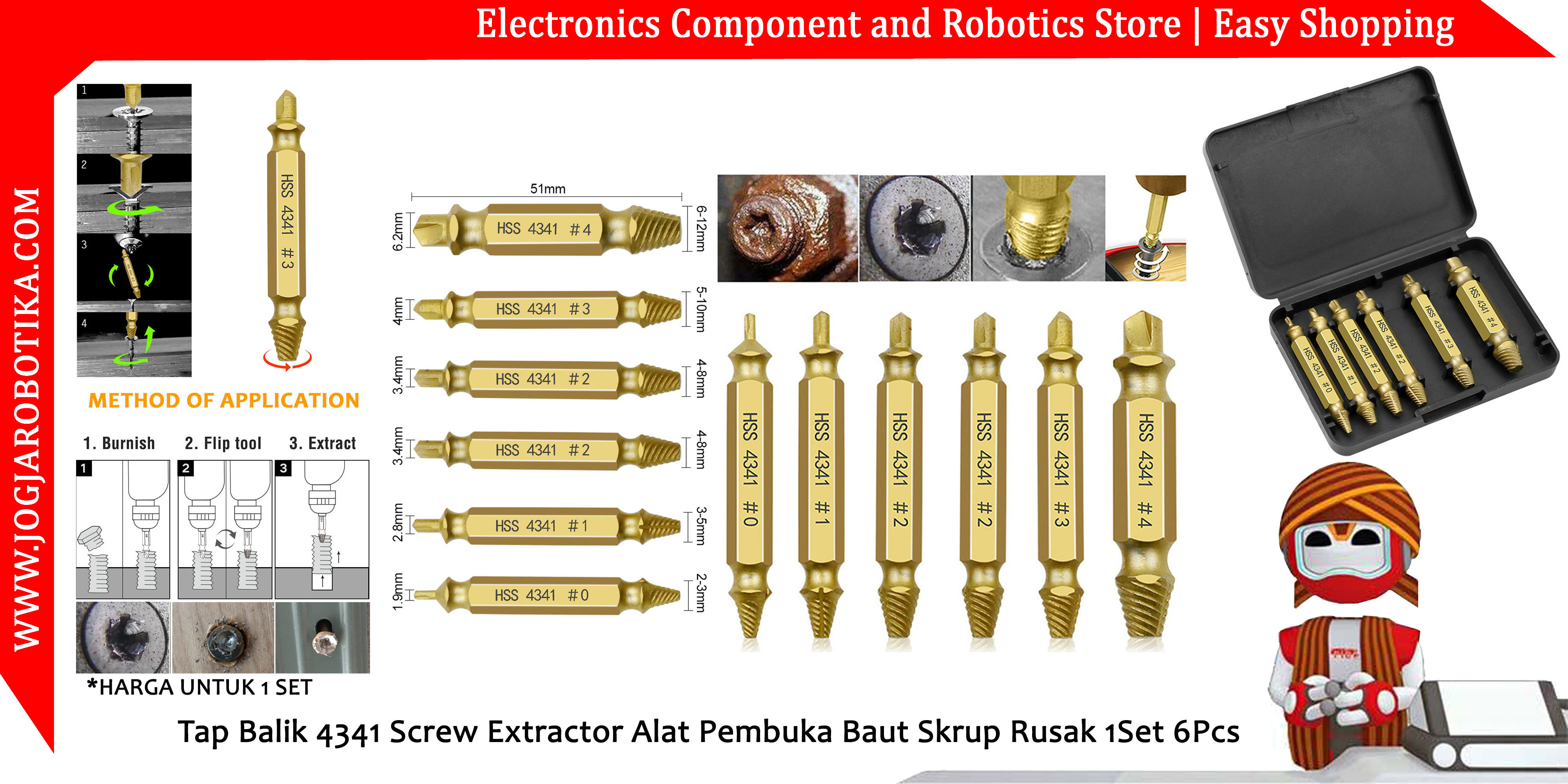 Tap Balik 4341 Screw Extractor Alat Pembuka Baut Skrup Rusak 1Set 6Pcs