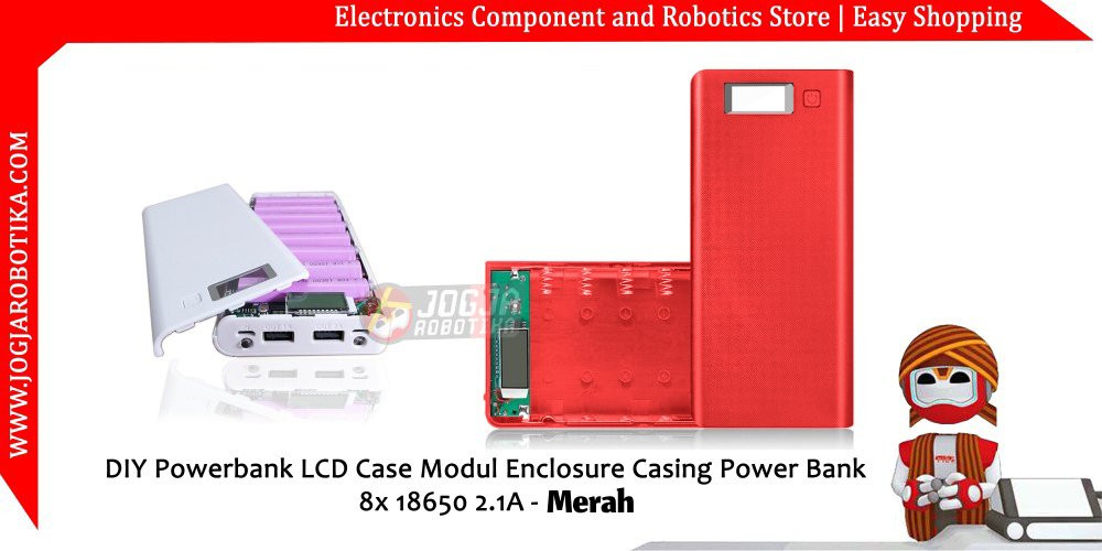 DIY Powerbank LCD Case Modul Enclosure Casing Power Bank 8x 18650 2.1A - Merah