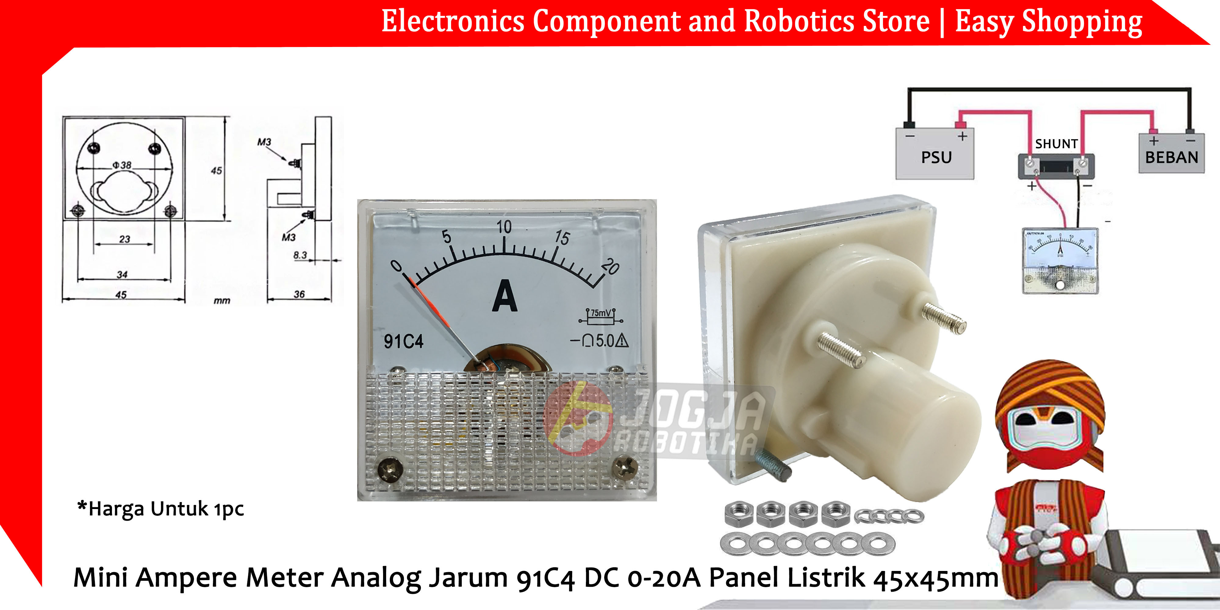 Mini Ampere Meter Analog Jarum 91C4 DC 0-20A Panel Listrik 45x45mm