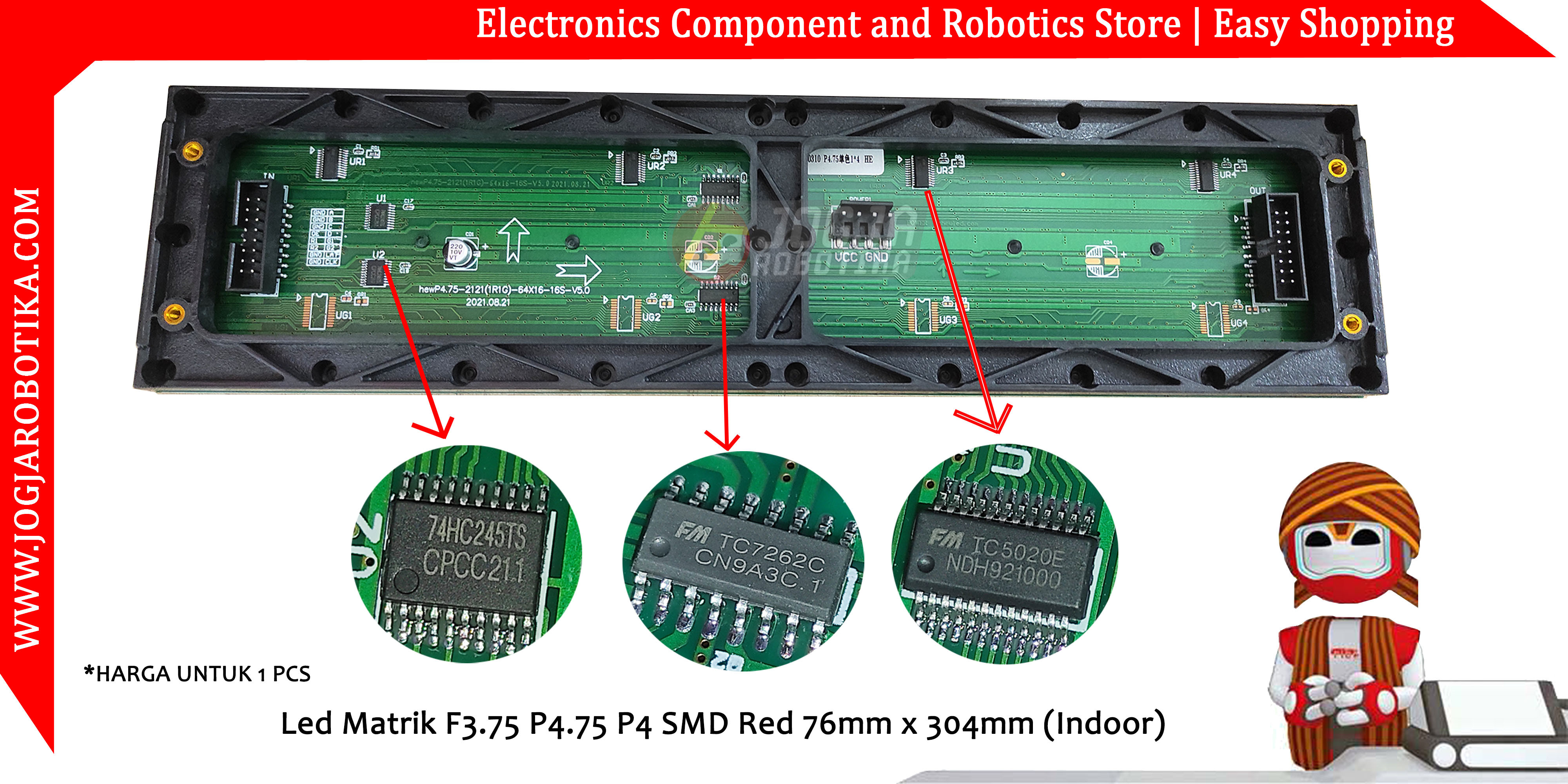 Led Matrik F3.75 P4.75 P4 SMD Red 76mm x 304mm (Indoor)