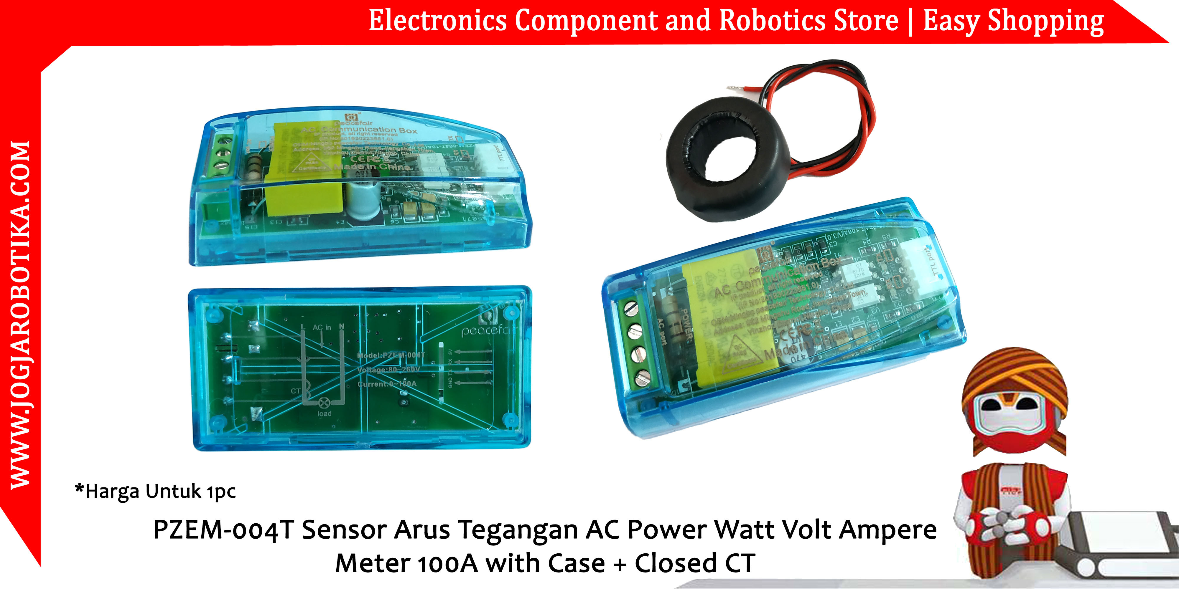 PZEM-004T Sensor Arus Tegangan AC Power Watt Volt Ampere Meter 100A with Case + Closed CT
