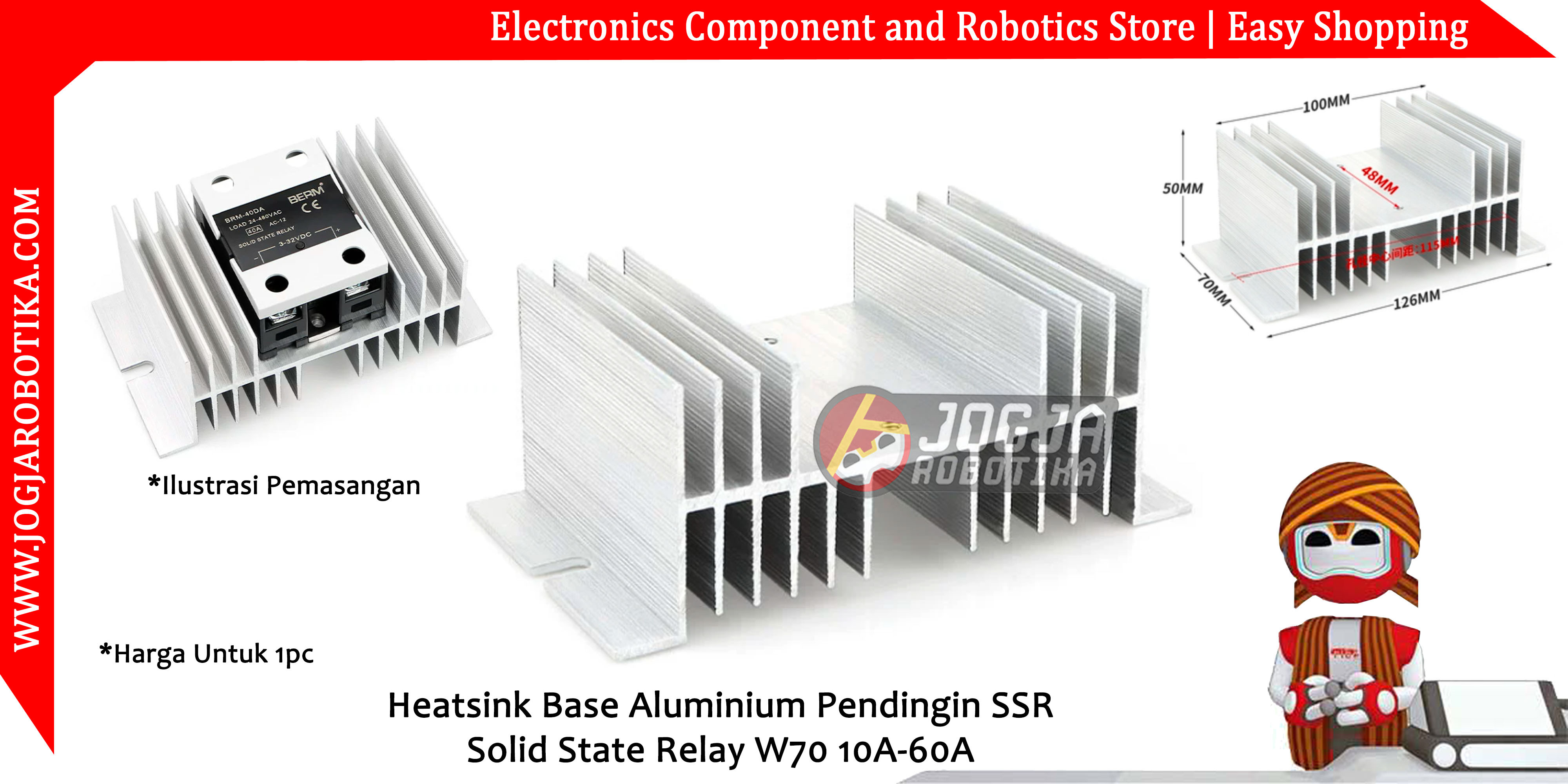 Heatsink Base Aluminium Pendingin SSR Solid State Relay W-70 10A-60A