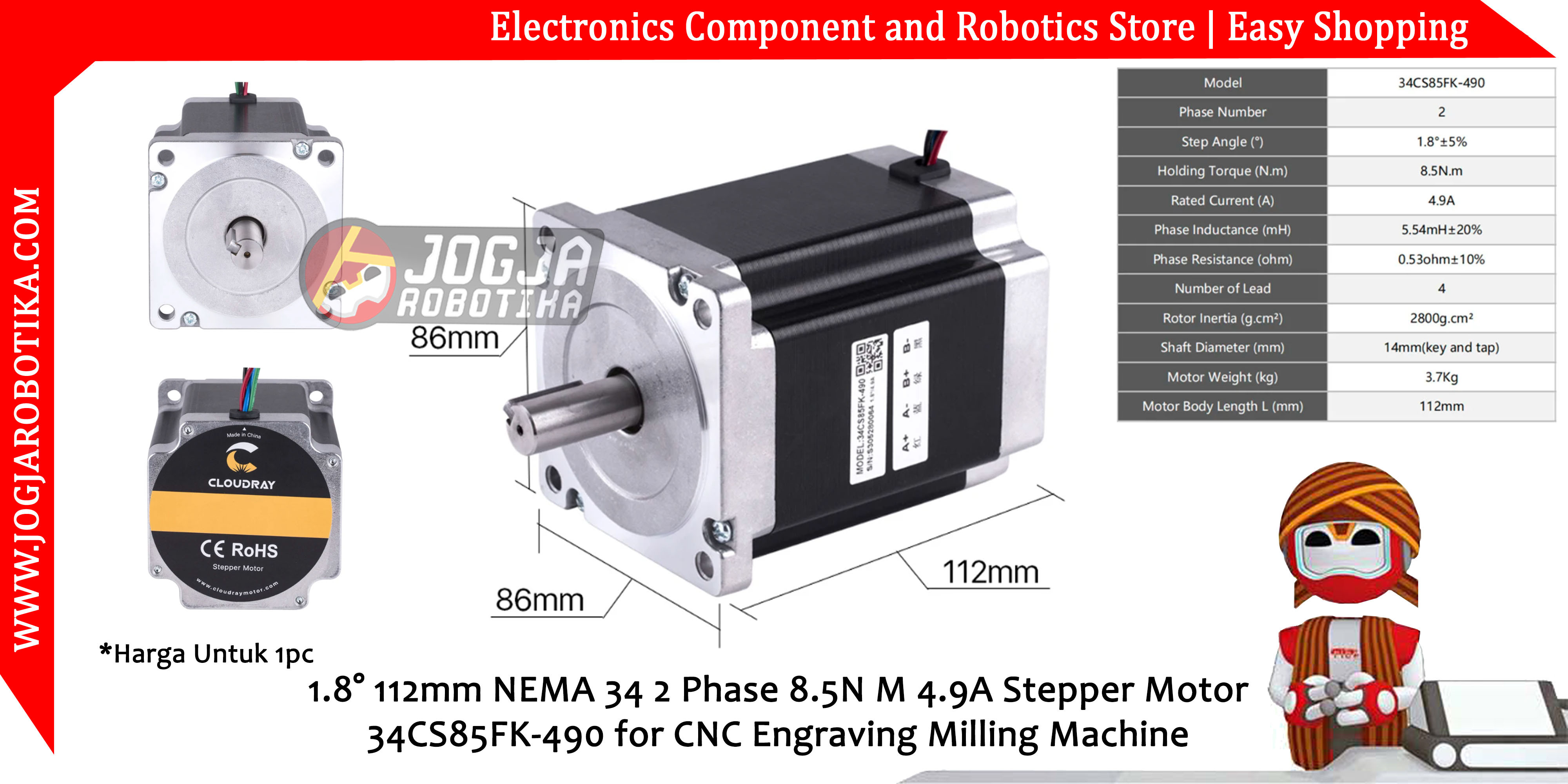 1.8° 112mm NEMA 34 2 Phase 8.5N M 4.9A Stepper Motor 34CS85FK-490 for CNC Engraving Milling Machine