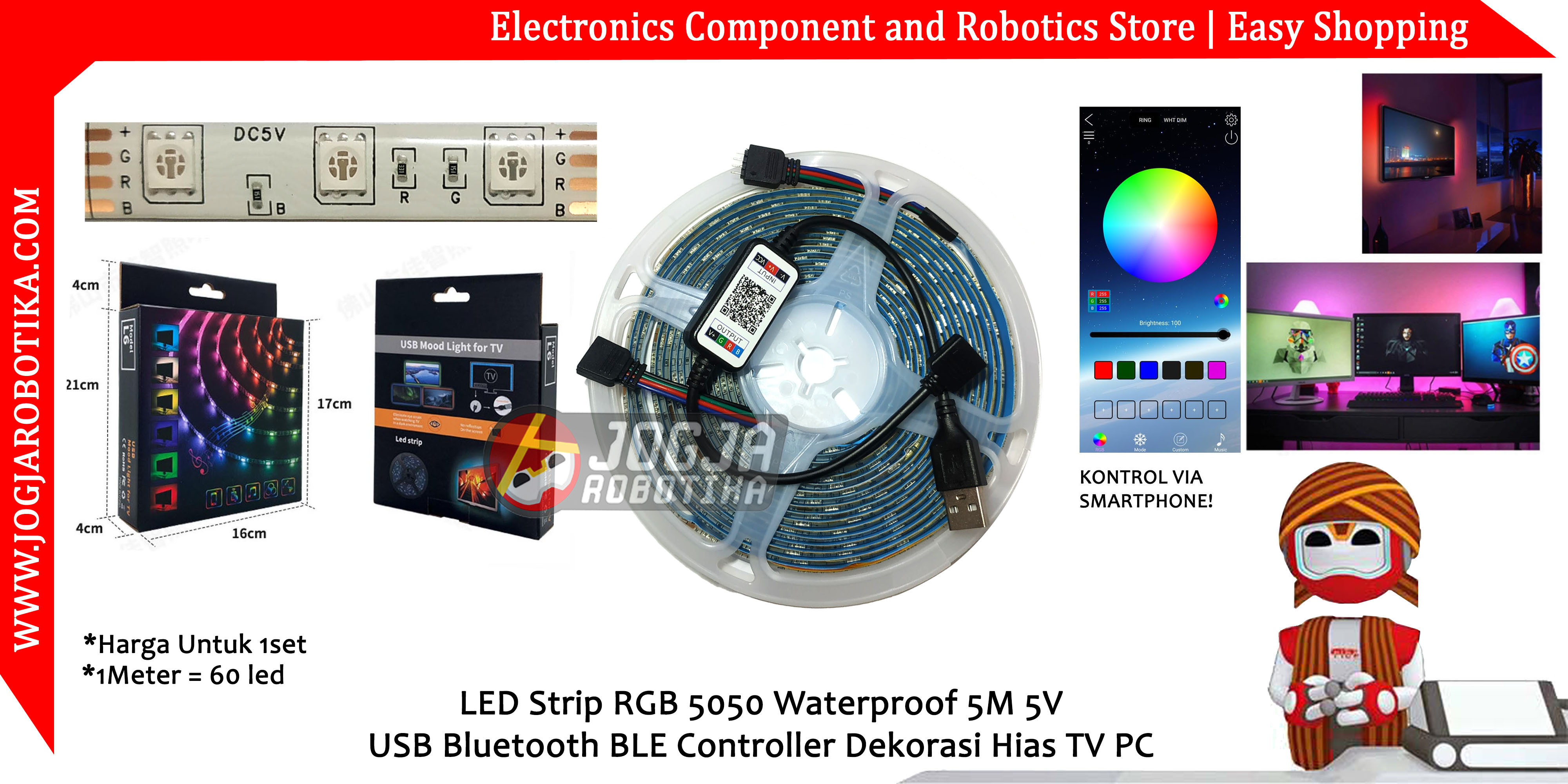 LED Strip RGB 5050 Waterproof 5M 5V USB Bluetooth BLE Controller Dekorasi Hias TV PC