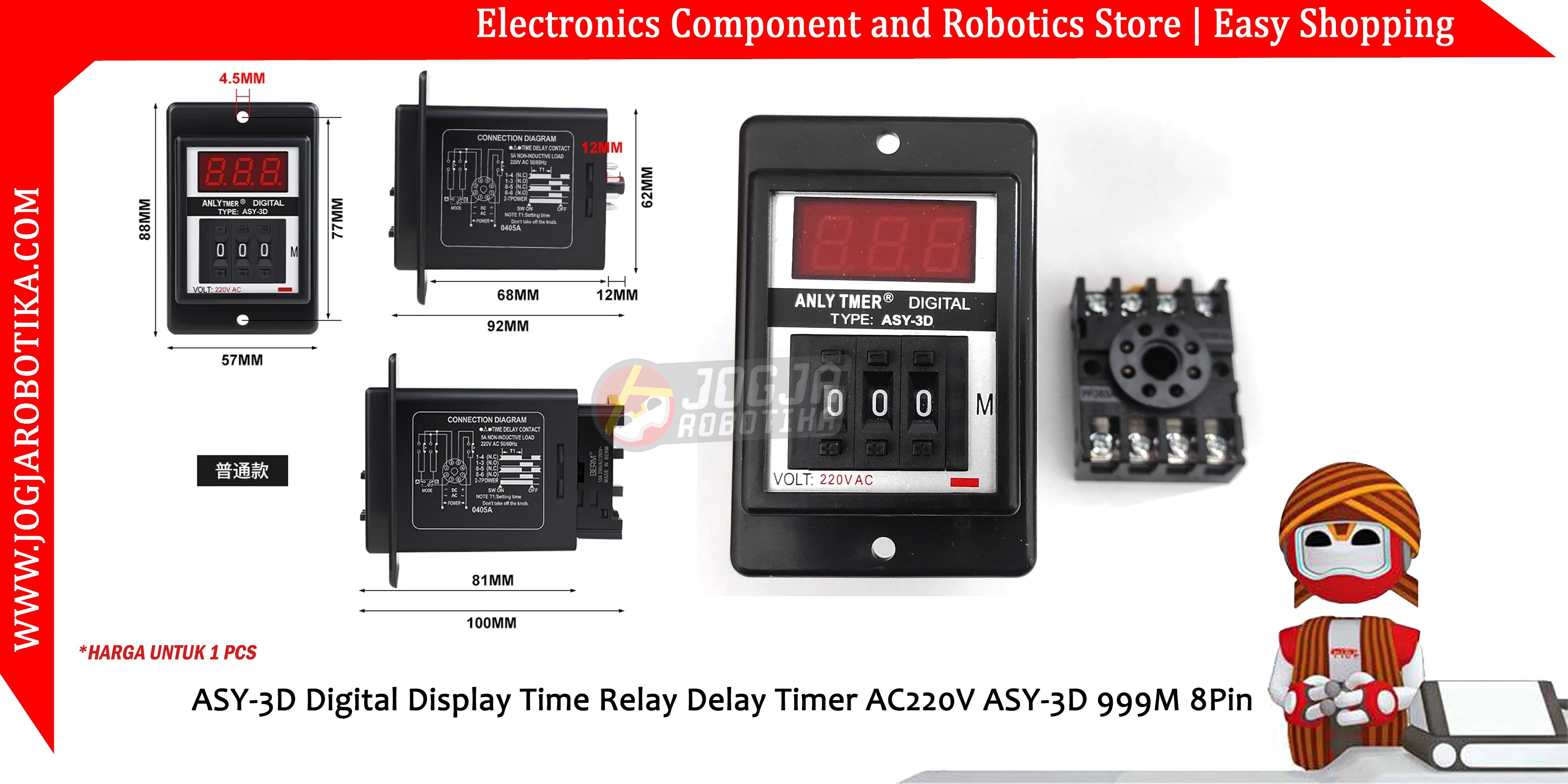 ASY-3D Digital Display Time Relay Delay Timer AC220V ASY-3D 999M 8Pin