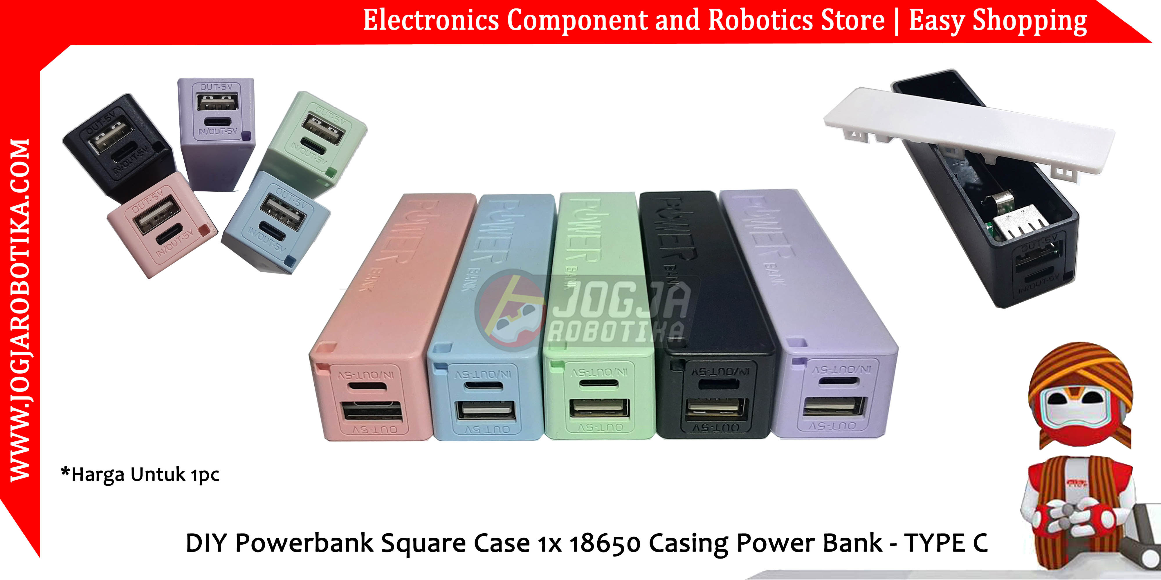 DIY Powerbank Square Case 1x 18650 Casing Power Bank - TYPE C