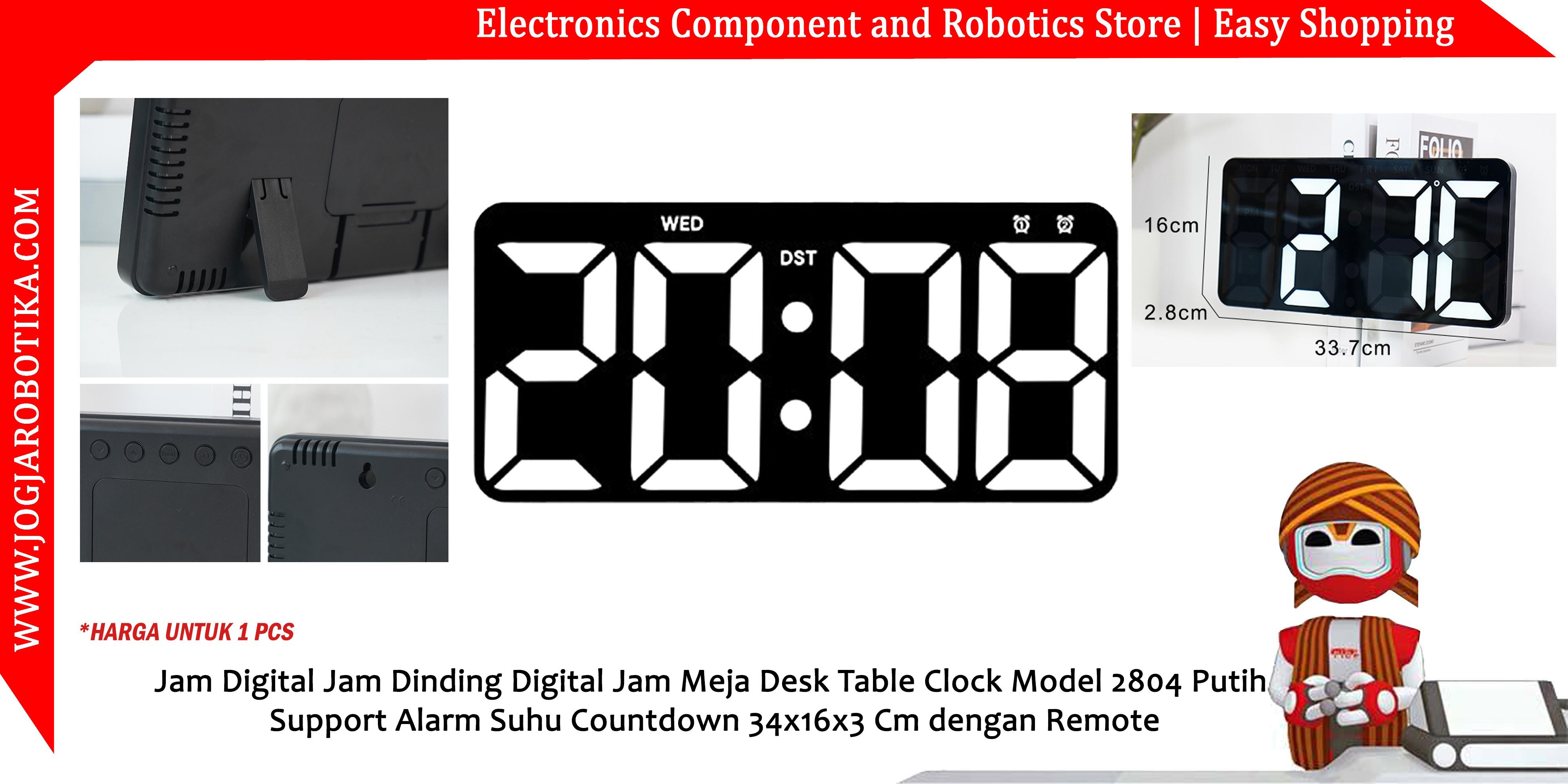 Jam Digital Jam Dinding Digital Jam Meja Desk Table Clock Model 2804 Putih Support Alarm Suhu Countdown 34x16x3 Cm dengan Remote