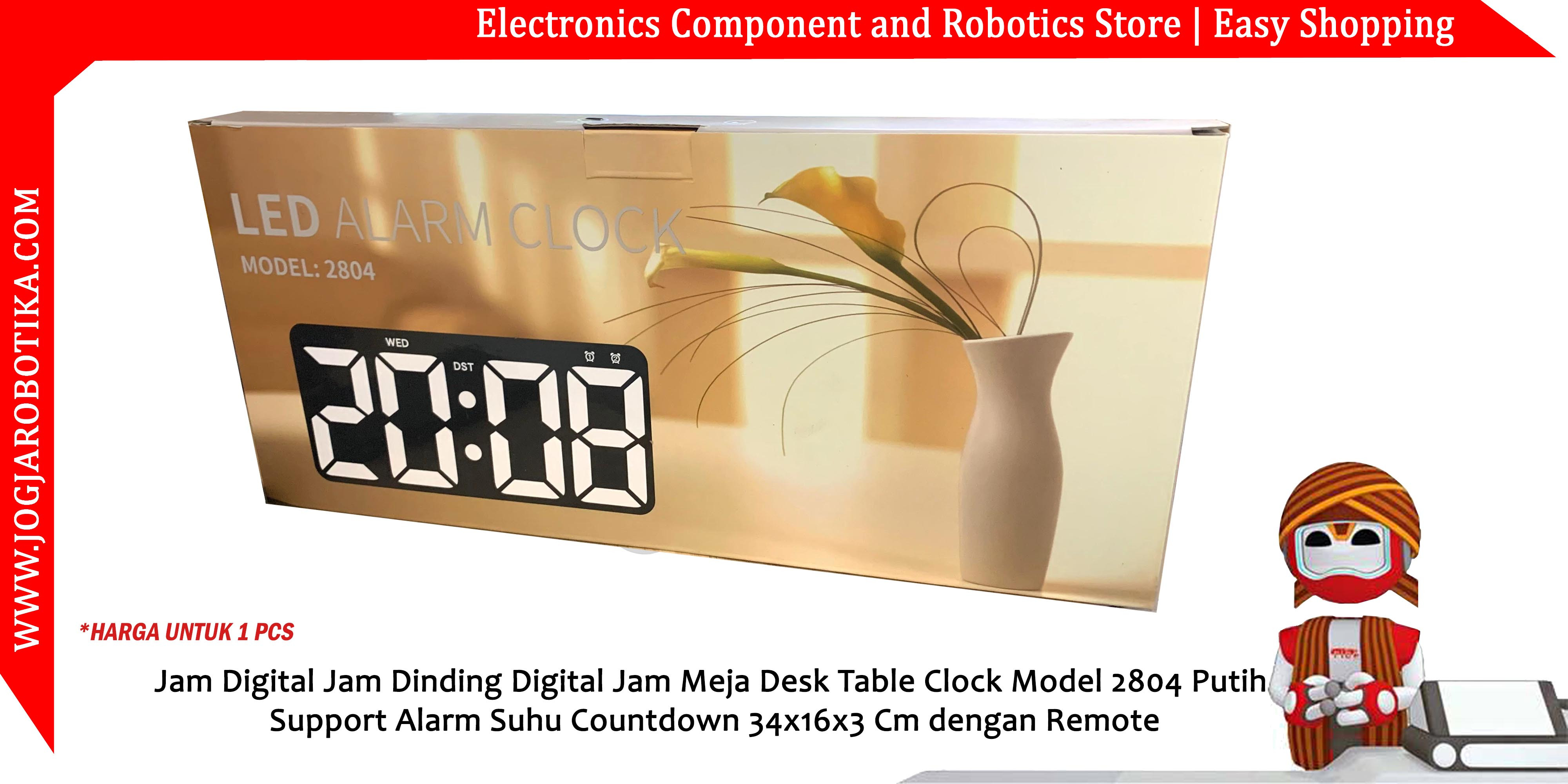 Jam Digital Jam Dinding Digital Jam Meja Desk Table Clock Model 2804 Putih Support Alarm Suhu Coubtdown 34x16x3 Cm dengan Remote