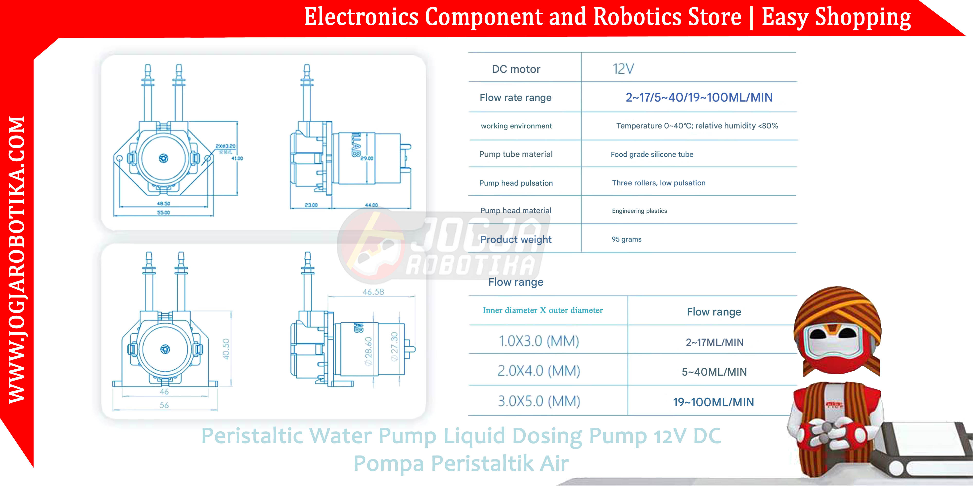Peristaltic Water Pump Liquid Dosing Pump 12V DC 2~17mL/min Pompa Peristaltik Air