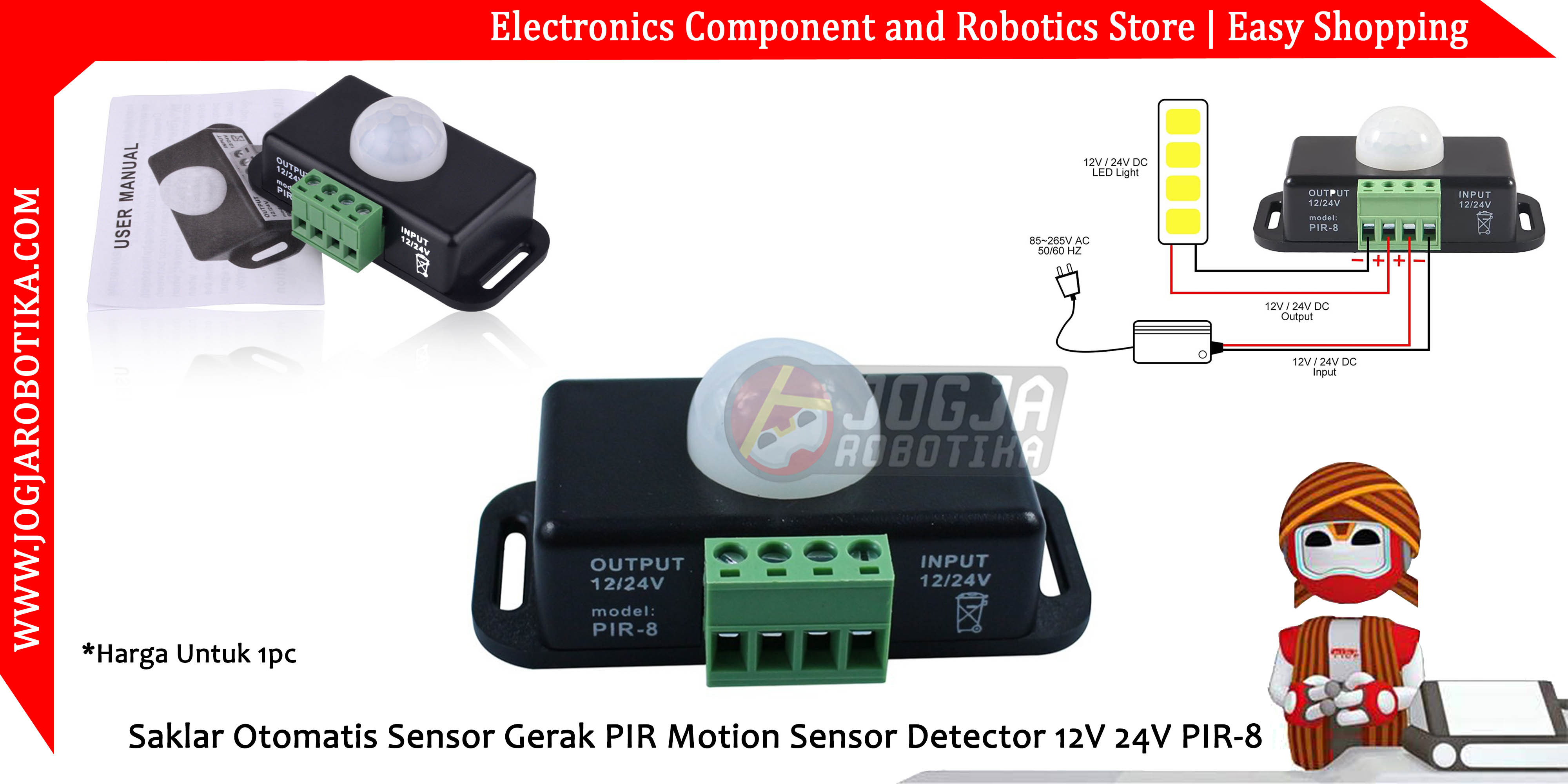 Saklar Otomatis Sensor Gerak PIR Motion Sensor Detector 12V 24V PIR-8