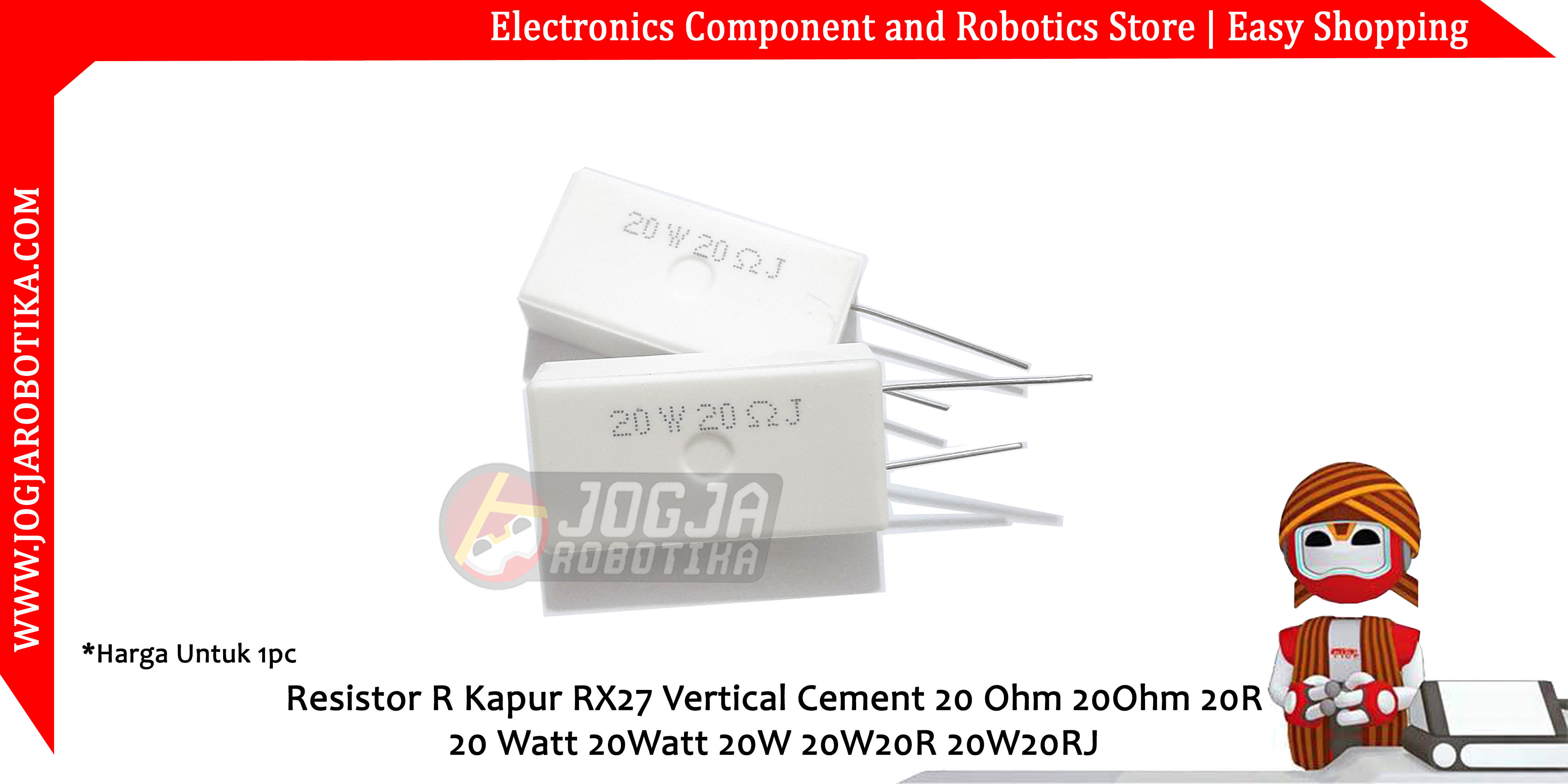 Resistor R Kapur RX27 Vertical Cement 20 Ohm 20Ohm 20R 20 Watt 20Watt 20W 20W20R 20W20RJ