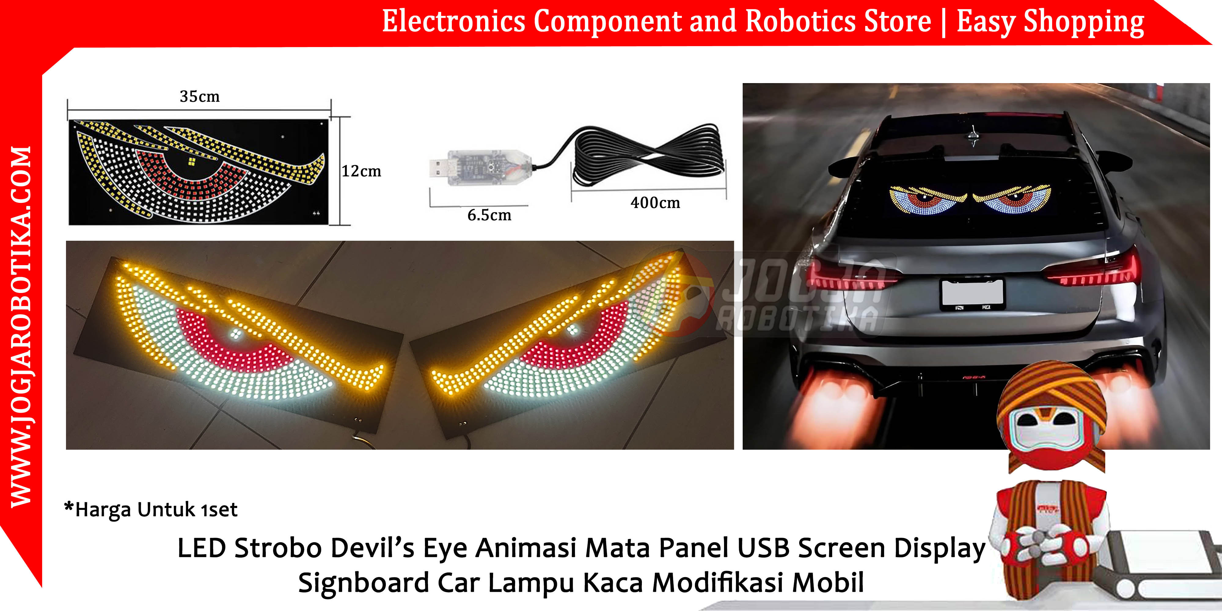 LED Strobo Devil’s Eye Animasi Mata Panel USB Screen Display Signboard Car Lampu Kaca Modifikasi Mobil