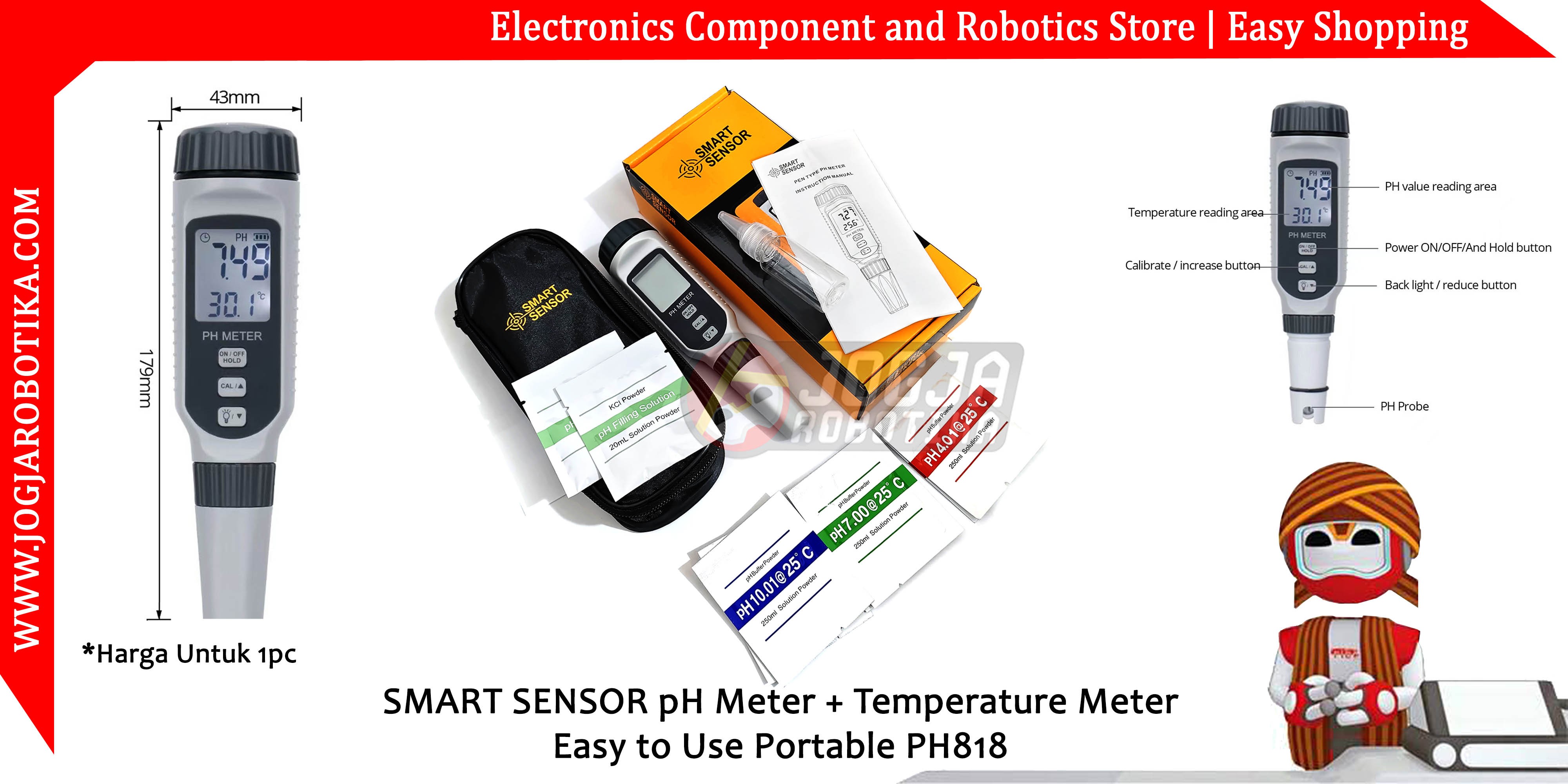 SMART SENSOR pH Meter + Temperature Meter Easy to Use Portable PH818