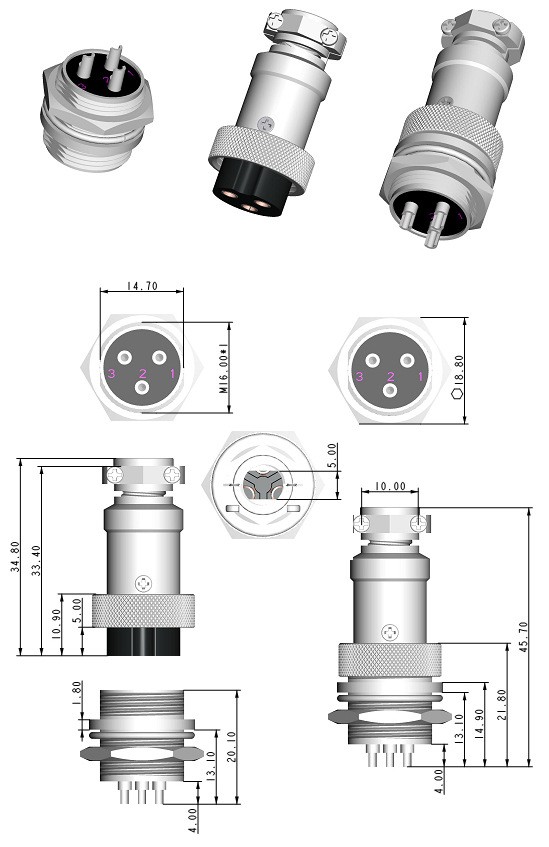 Aviation Plug 2-Pin 16mm GX16-2 Metal Male Female Panel Connector