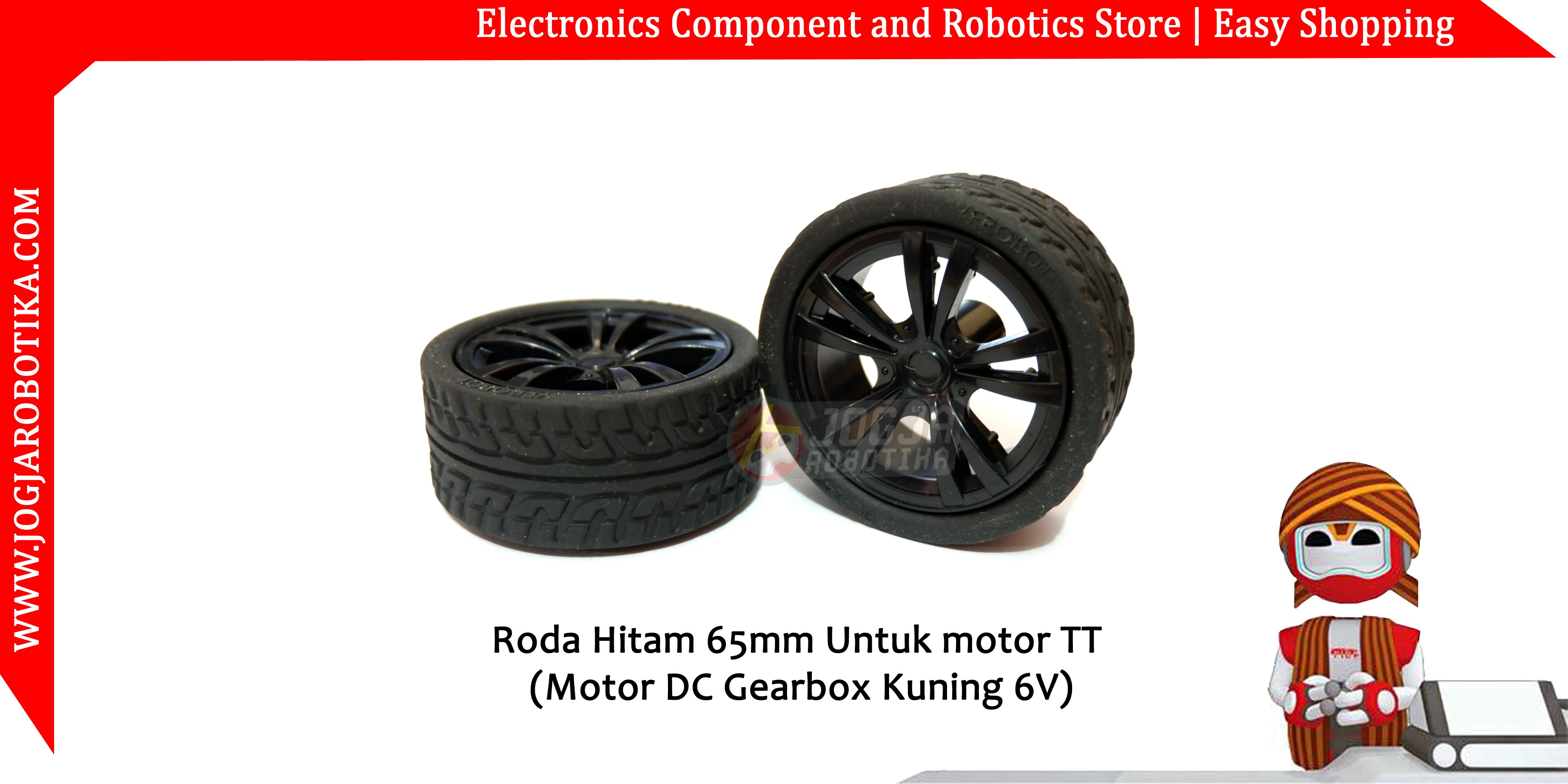 Roda Hitam 65mm Untuk motor TT (Motor DC Gearbox Kuning 6V)