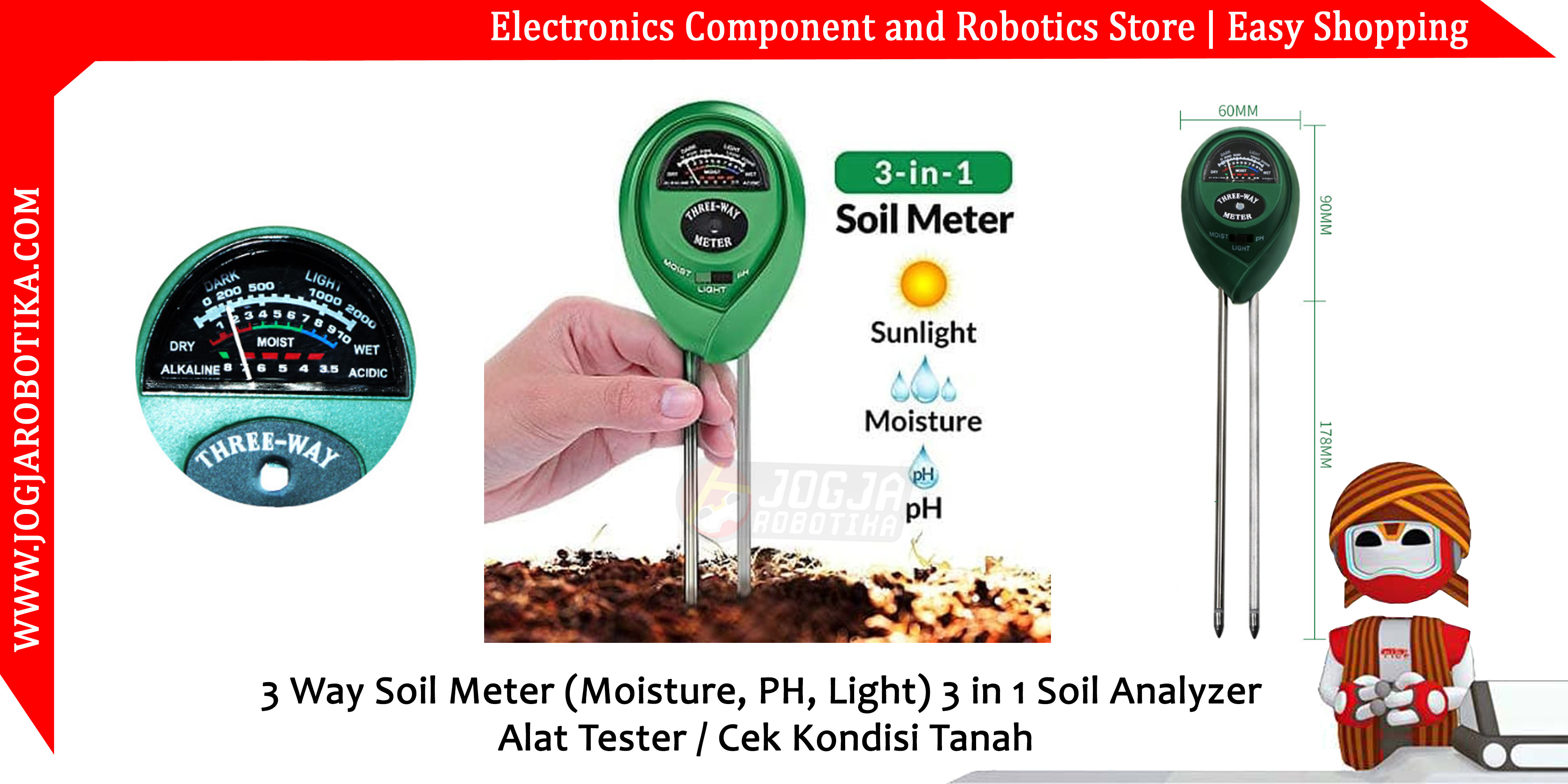 3 In 1 Soil Analyzer (Moisture, PH, Light) Alat Cek Kondisi Tanah