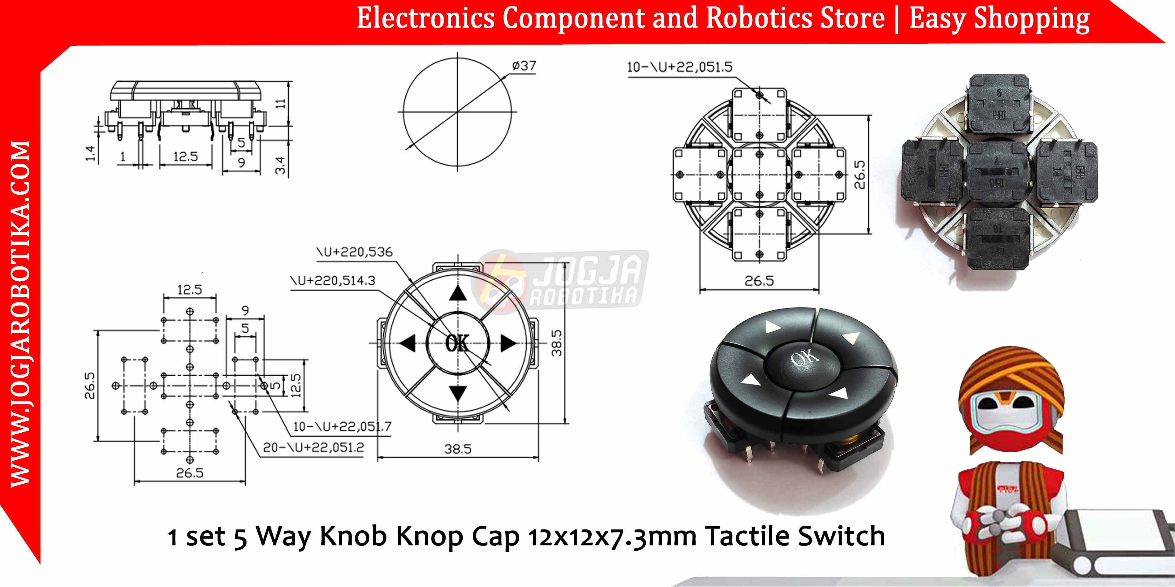 1 Set 5 Way Knob Knop Cap 12x12x7.3mm Tactile Switch
