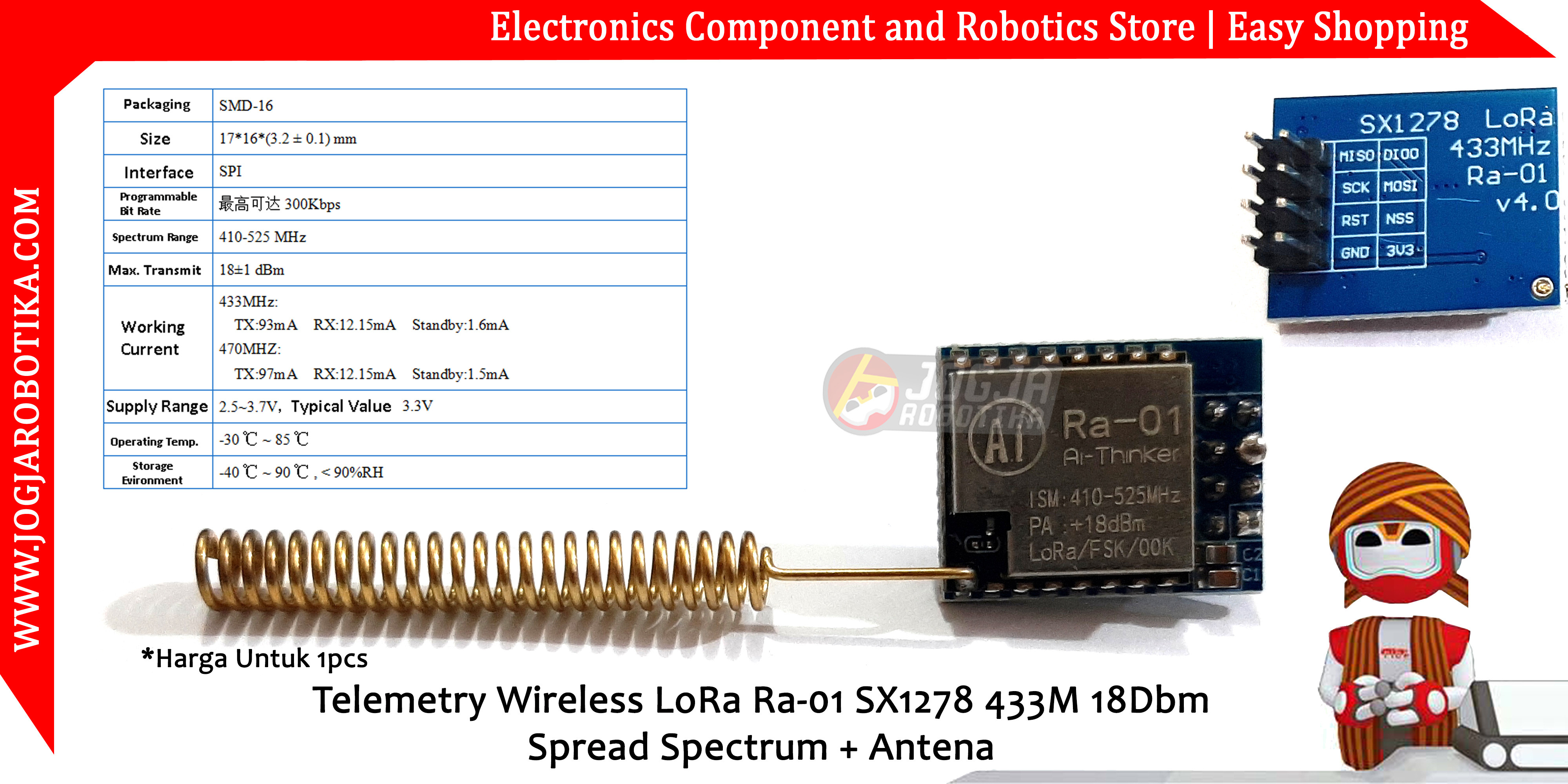 Telemetry Wireless LoRa Ra-01 SX1278 433M 18Dbm Spread Spectrum + Antena