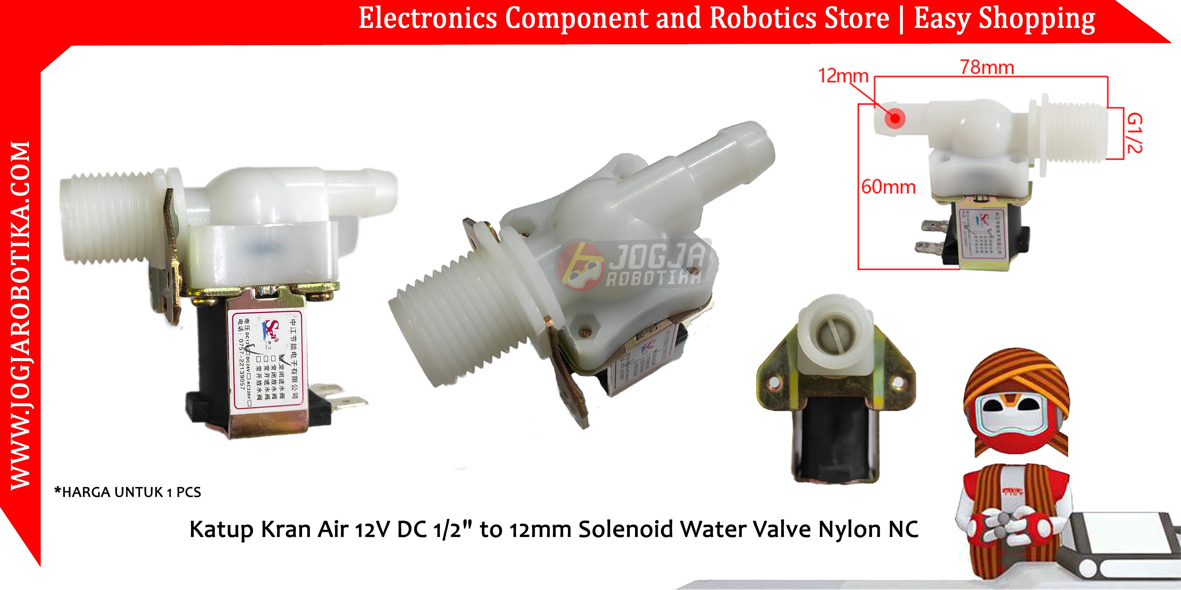 Katup Kran Air 12V DC 1/2" to 12mm Solenoid Water Valve Nylon NC