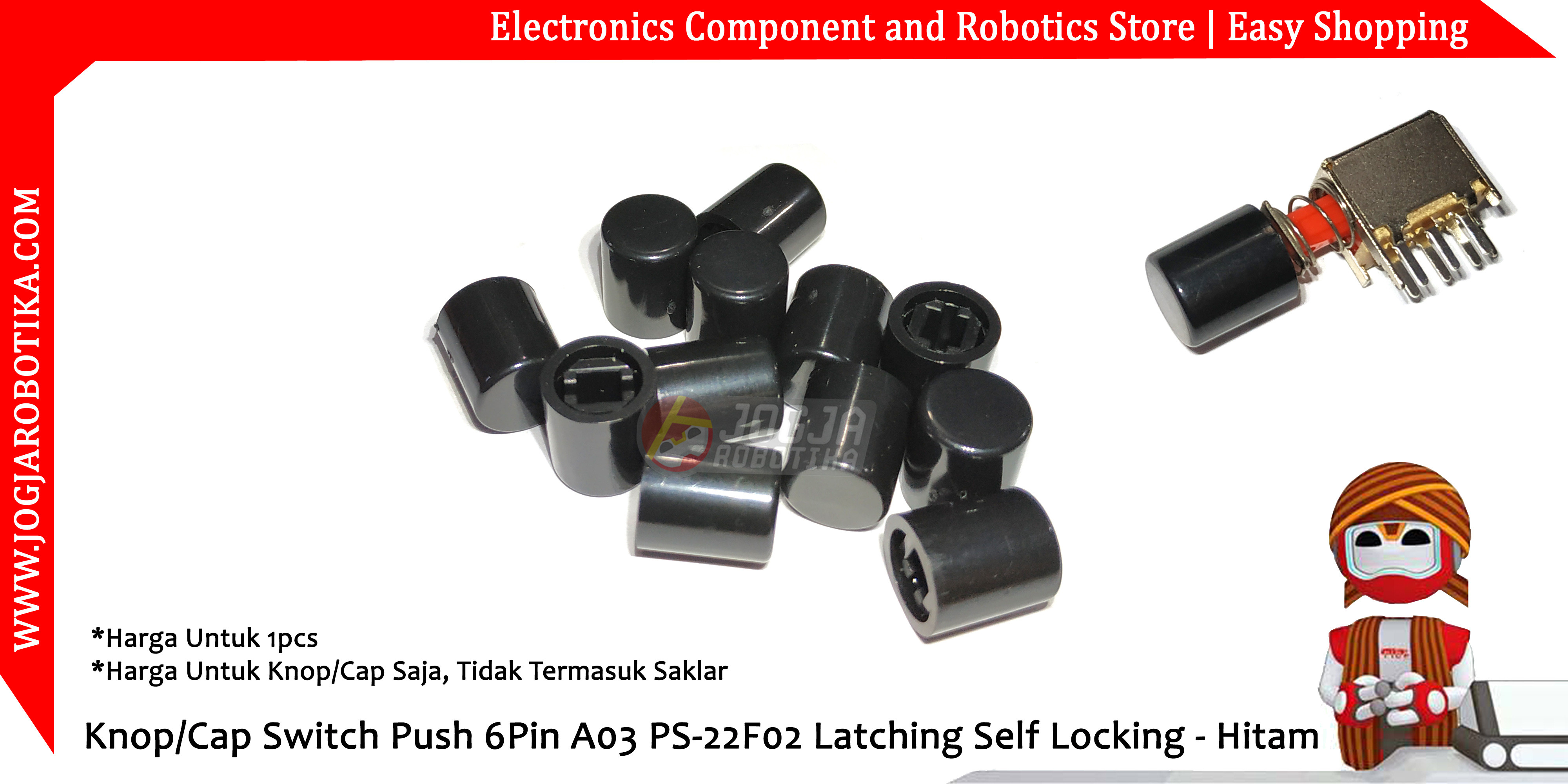 Knop/Cap Switch Push 6Pin A03 PS-22F02 Latching Self Locking - Hitam