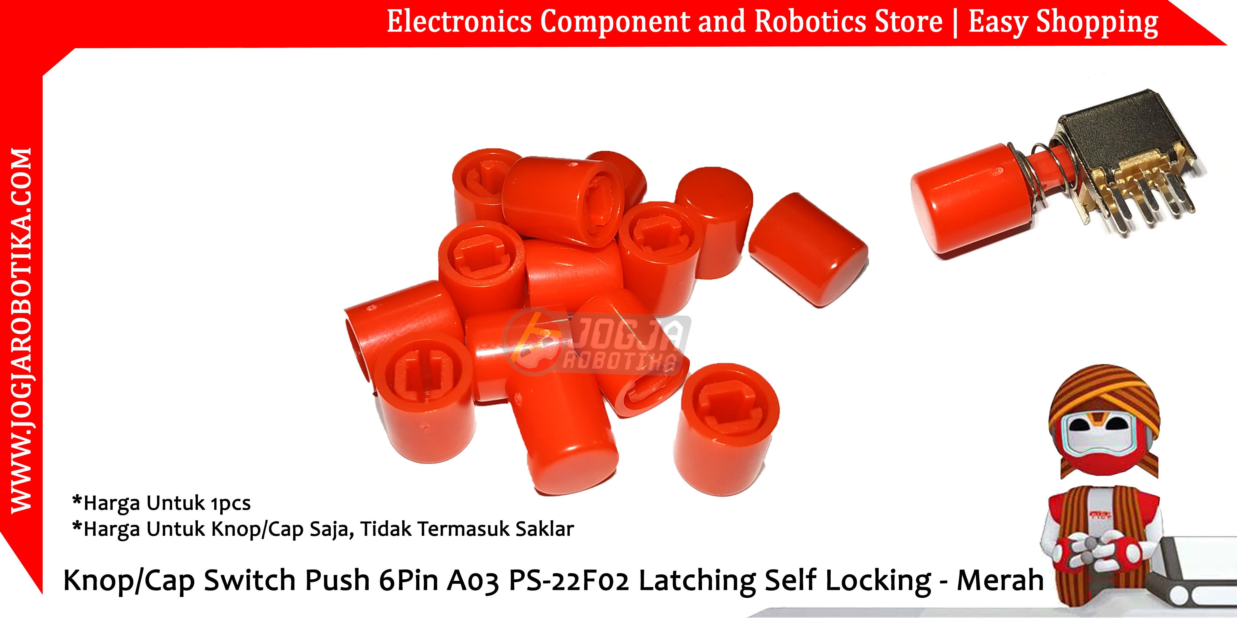 Knop/Cap Switch Push 6Pin A03 PS-22F02 Latching Self Locking - Merah