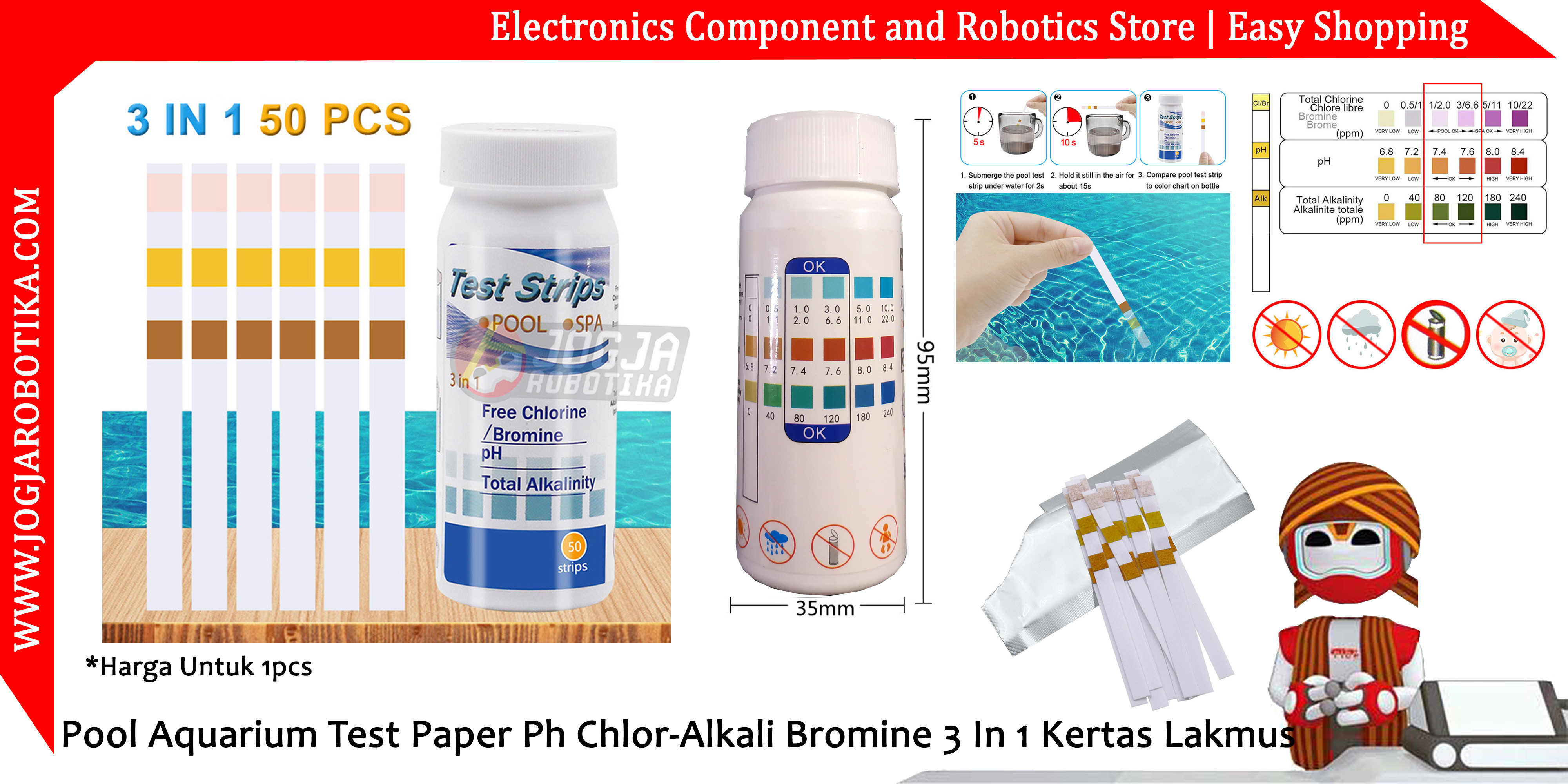Pool Aquarium Test Paper Ph Chlor-Alkali Bromine 3 In 1 Kertas Lakmus
