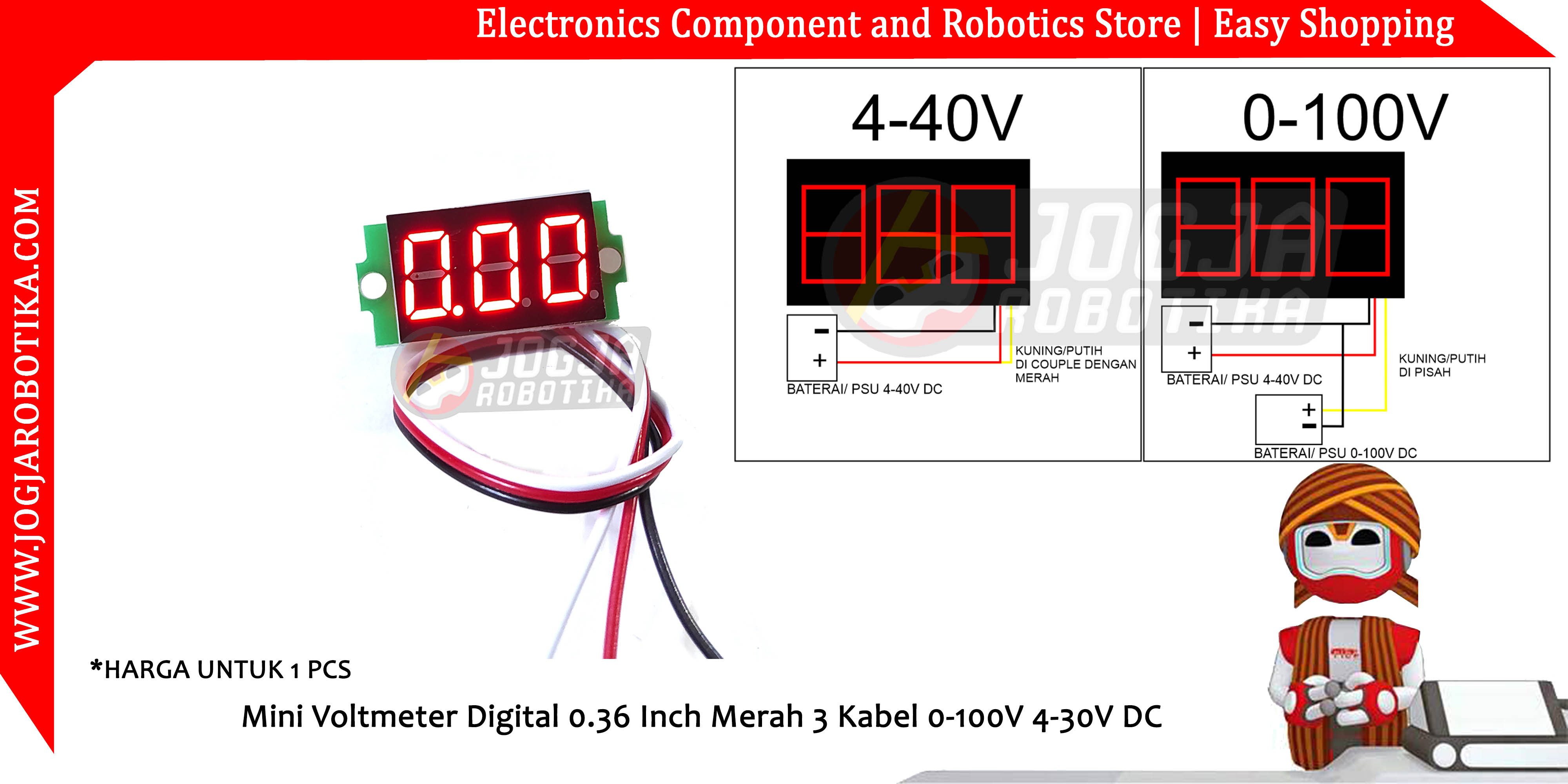 MINI VOLTMETER DIGITAL DC 4-30V 0-100V 3 DIGIT 0.36 INCH - MERAH