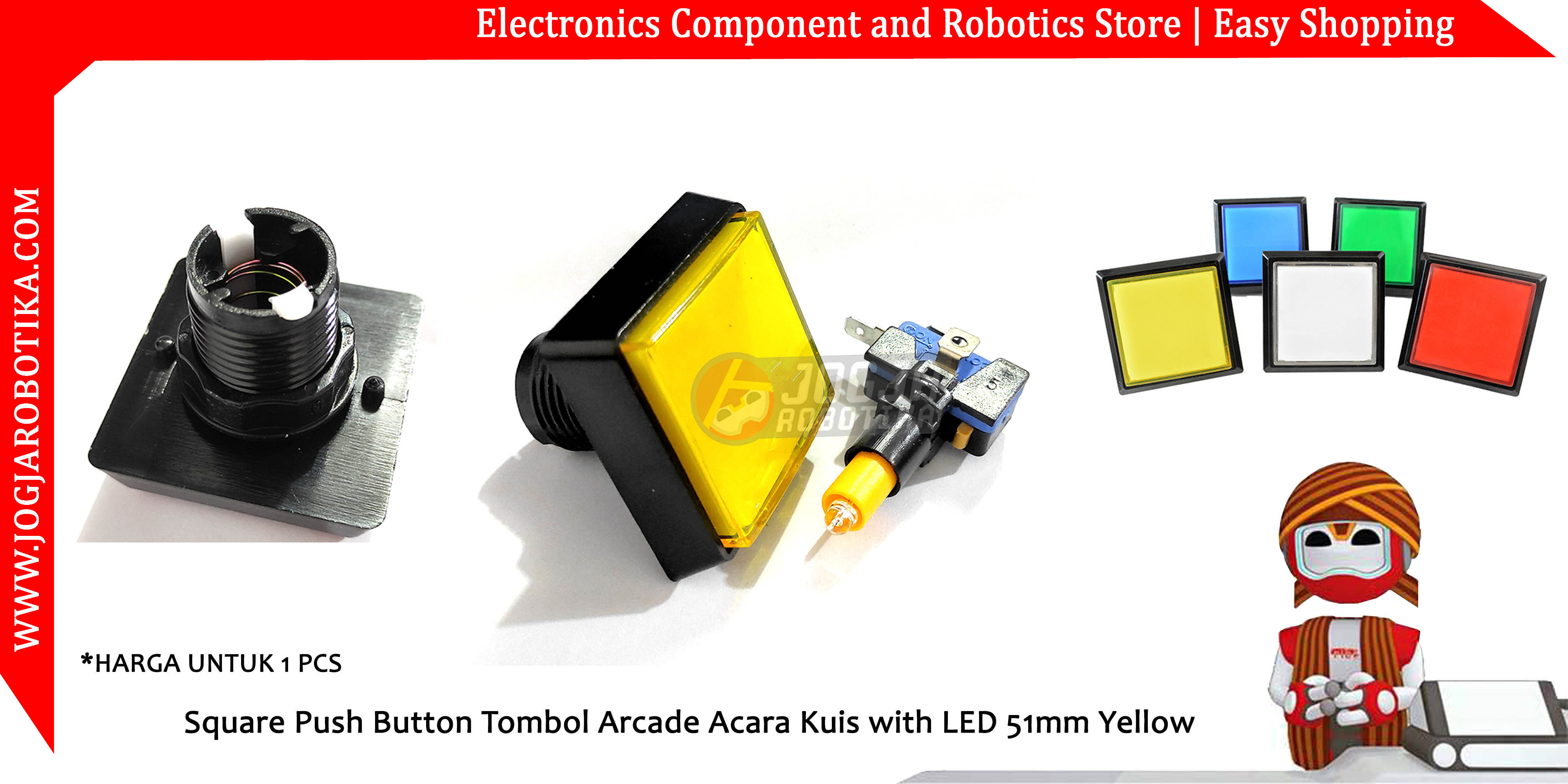 Square Push Button Tombol Arcade Acara Kuis with LED 51mm Yellow
