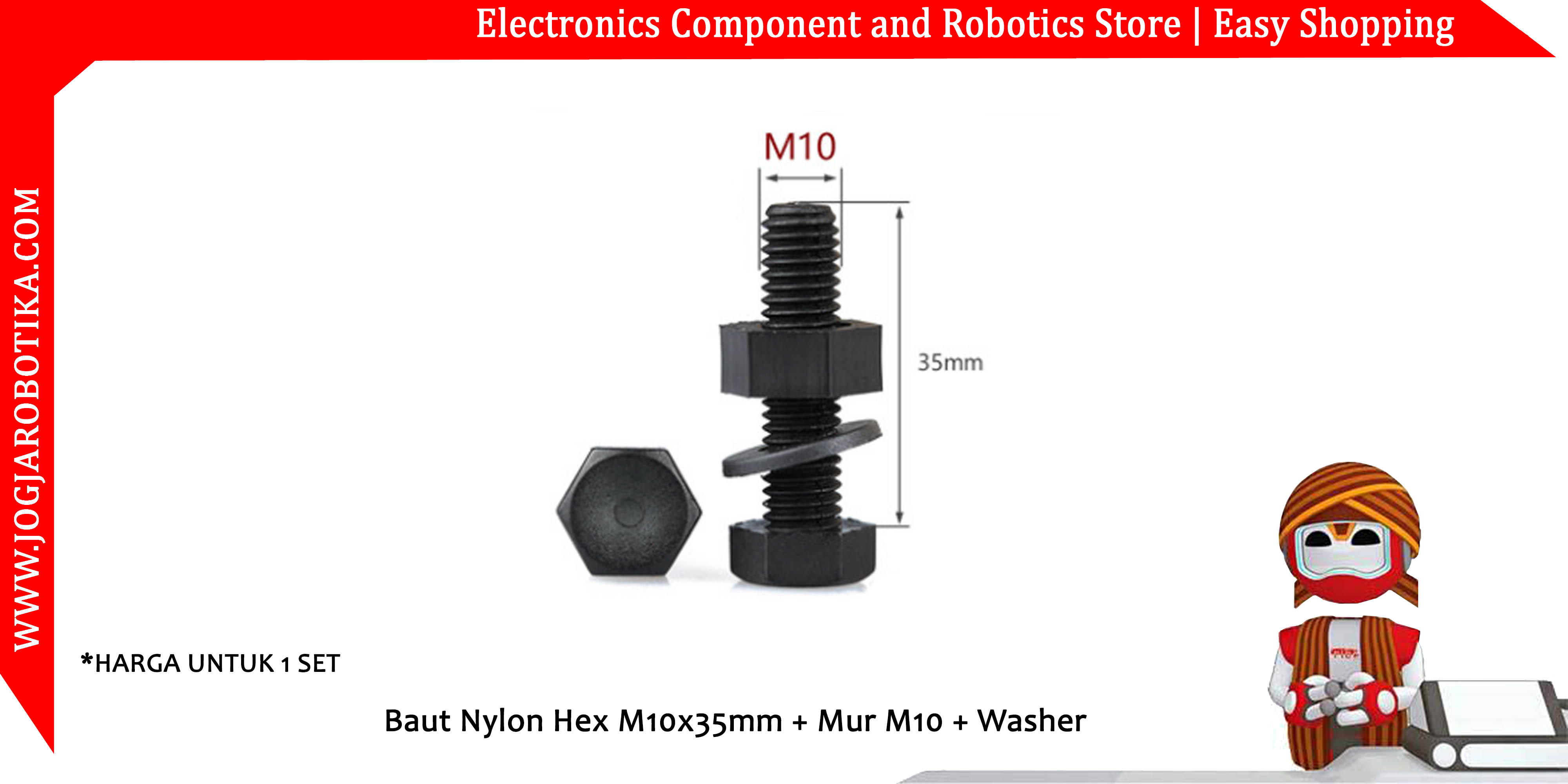 Baut Nylon Hex M10x35mm + Mur M10 + Ring Washer