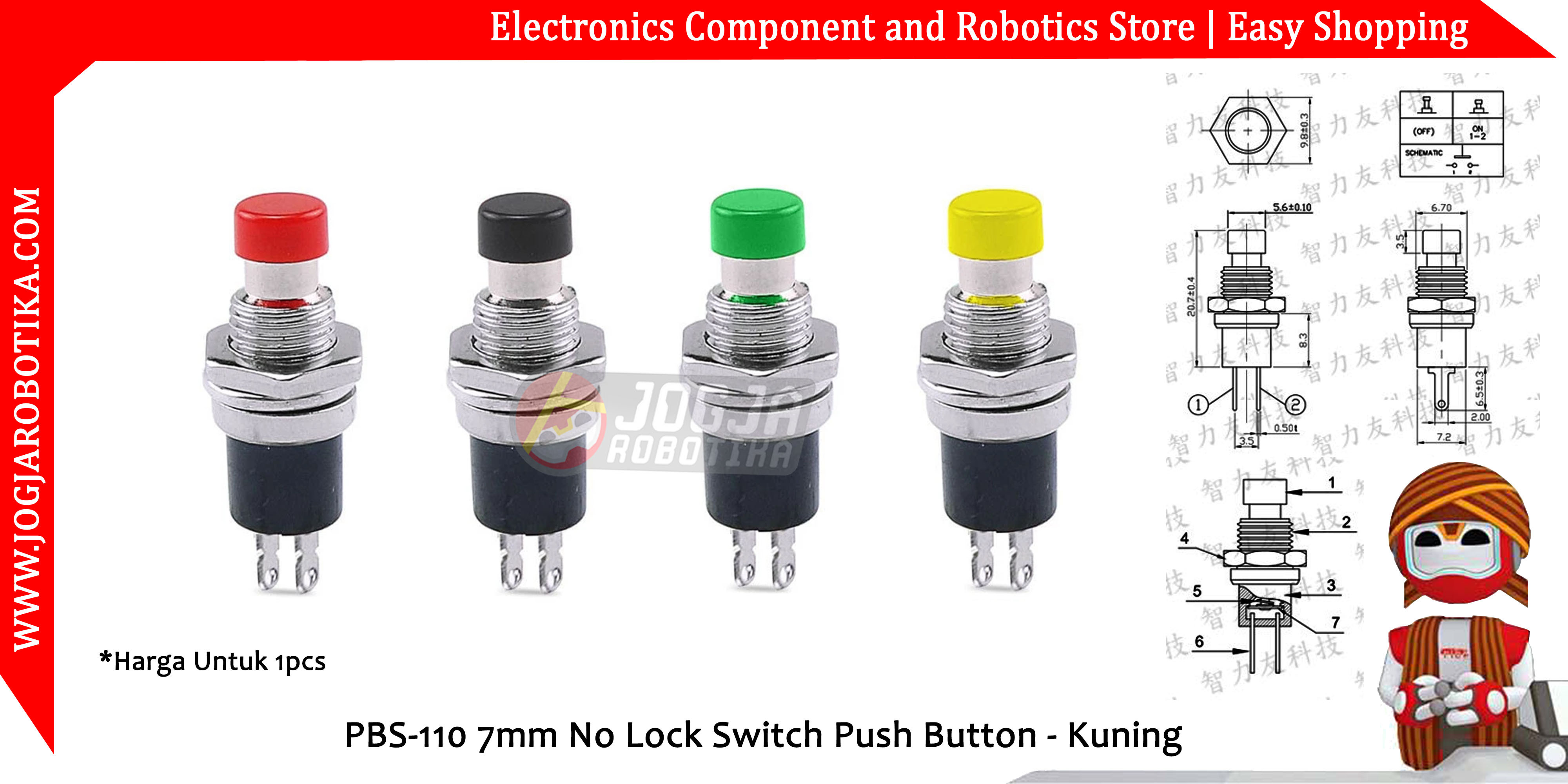 PBS-110 7mm No Lock Switch Push Button - Kuning