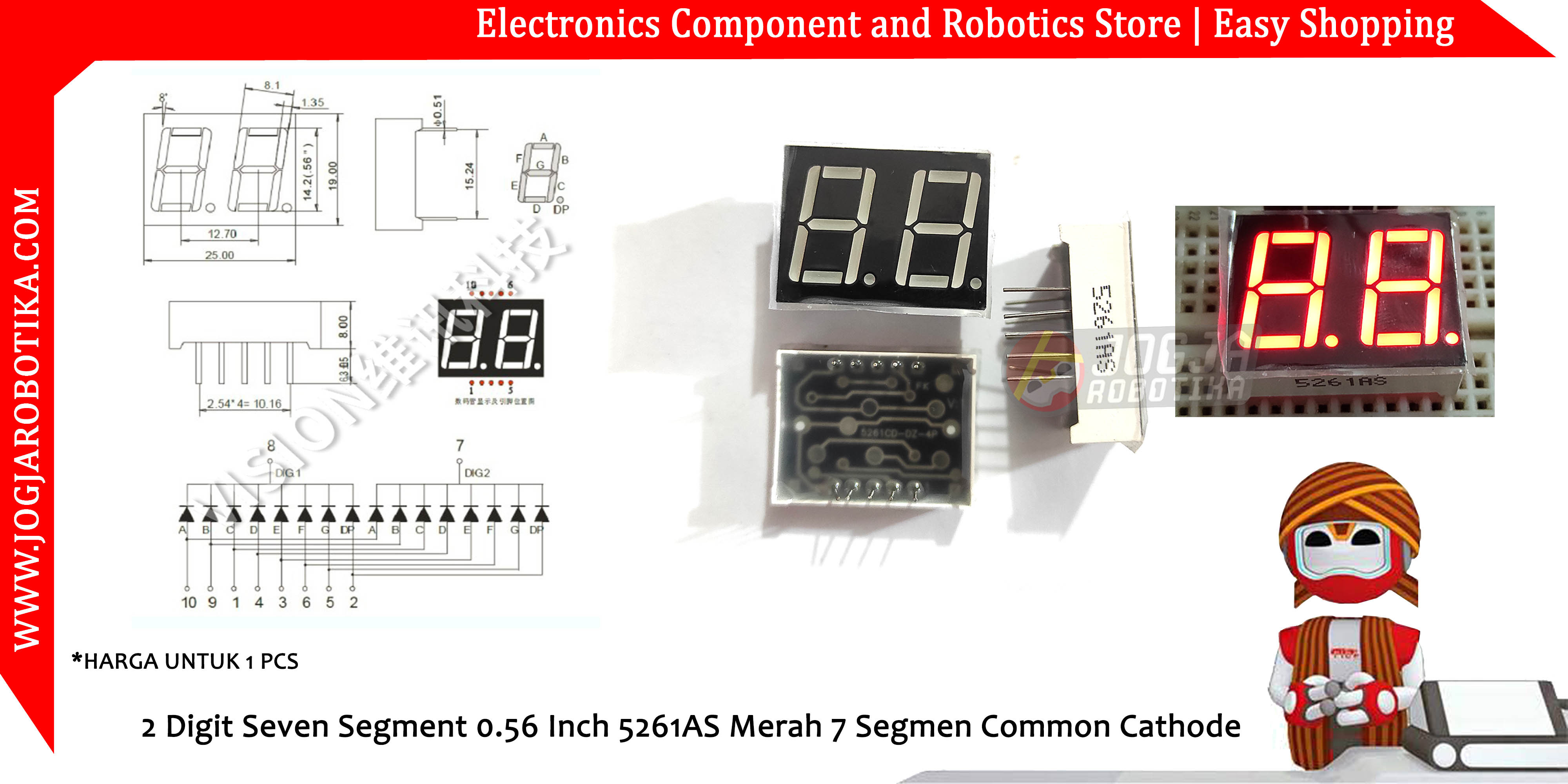 2 Digit Seven Segment 0.56 Inch 5261AS 5621AS Merah 7 Segmen Common Cathode