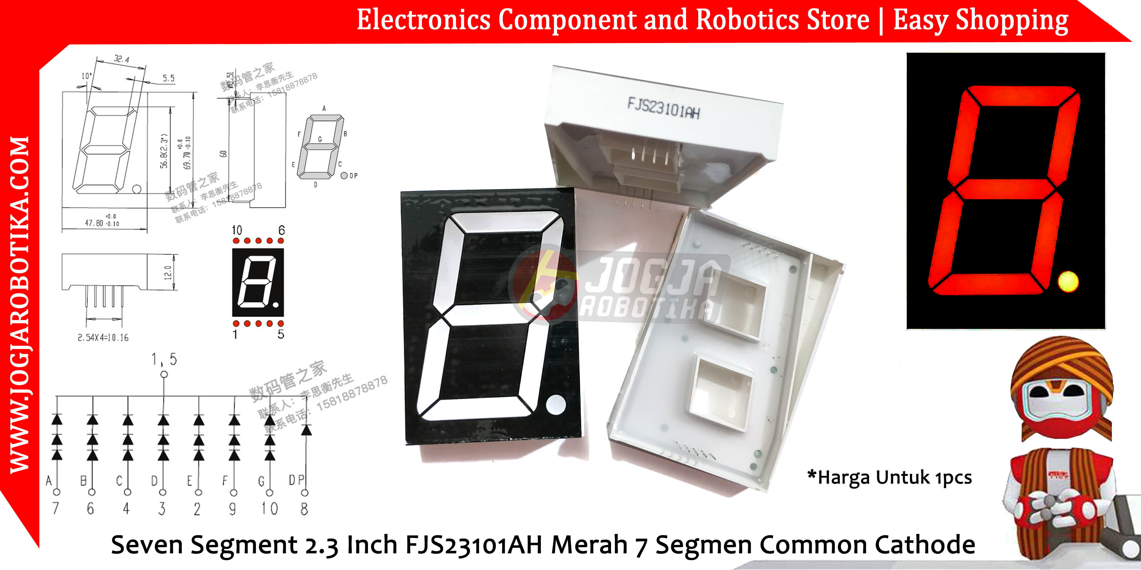 Seven Segment 2.3 Inch FJS23101AH Merah 7 Segmen Common Cathode