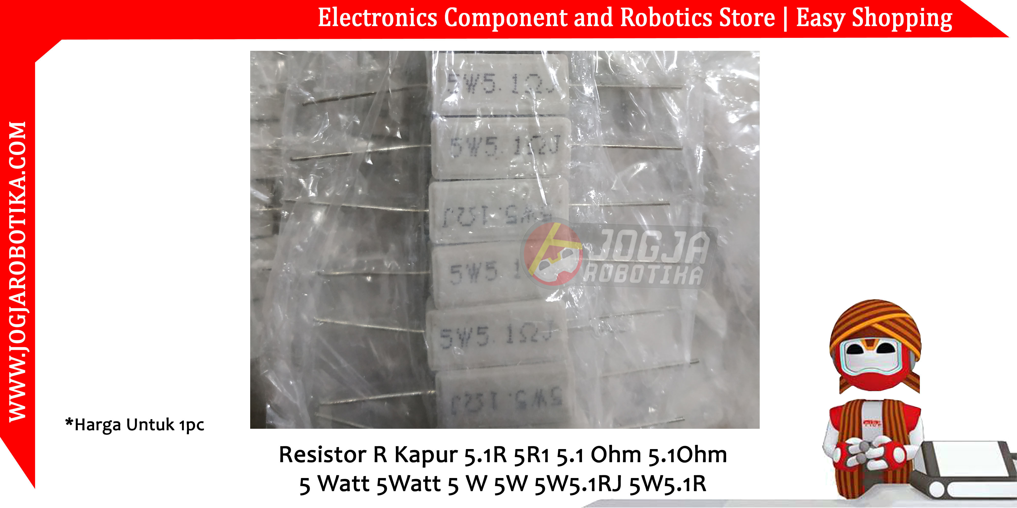 Resistor R Kapur 5.1R 5R1 5.1 Ohm 5.1Ohm 5 Watt 5Watt 5 W 5W 5W5.1RJ 5W5.1R