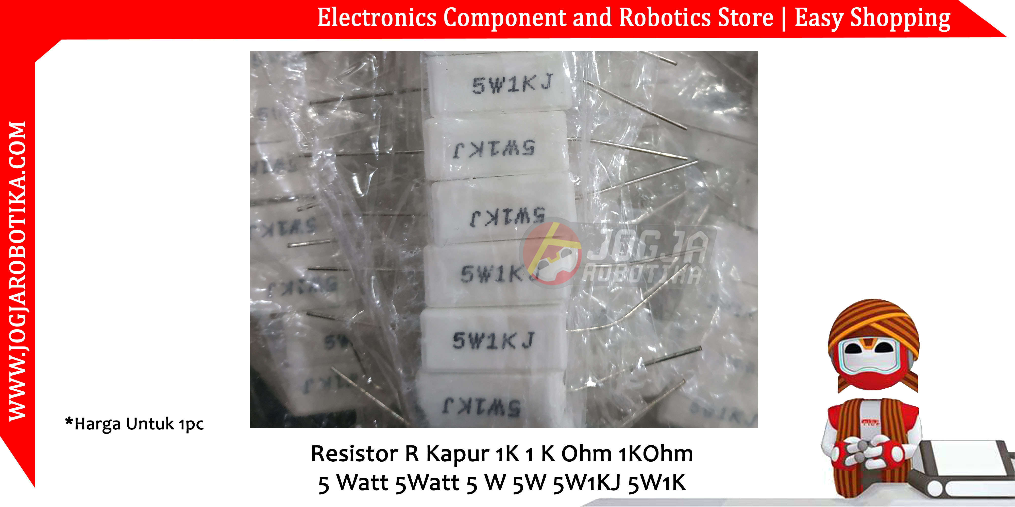 Resistor R Kapur 1K 1 K Ohm 1KOhm 5 Watt 5Watt 5 W 5W 5W1KJ 5W1K