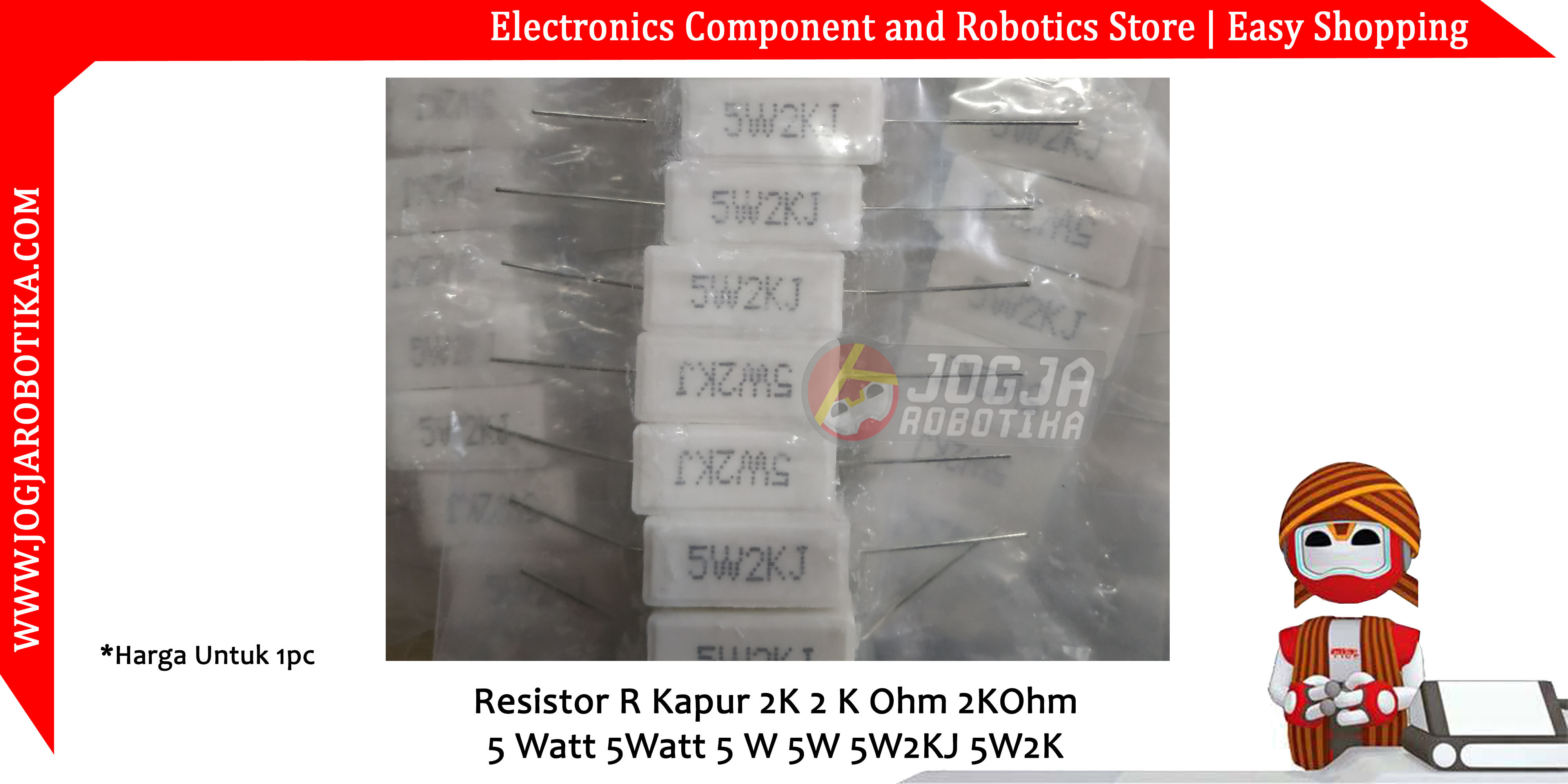 Resistor R Kapur 2K 2 K Ohm 2KOhm 5 Watt 5Watt 5 W 5W 5W2KJ 5W2K
