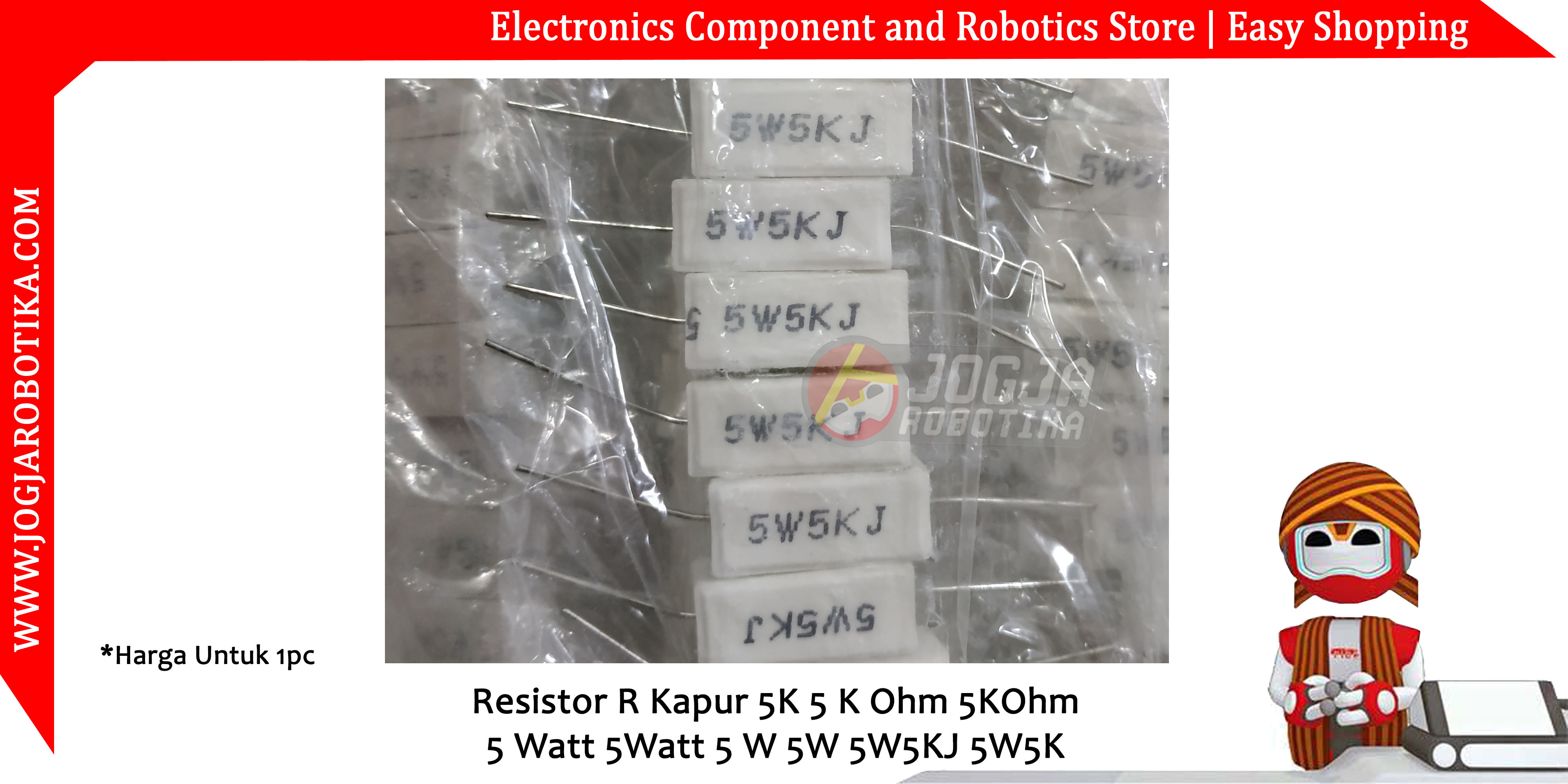 Resistor R Kapur 5K 5 K Ohm 5KOhm 5 Watt 5Watt 5 W 5W 5W5KJ 5W5K