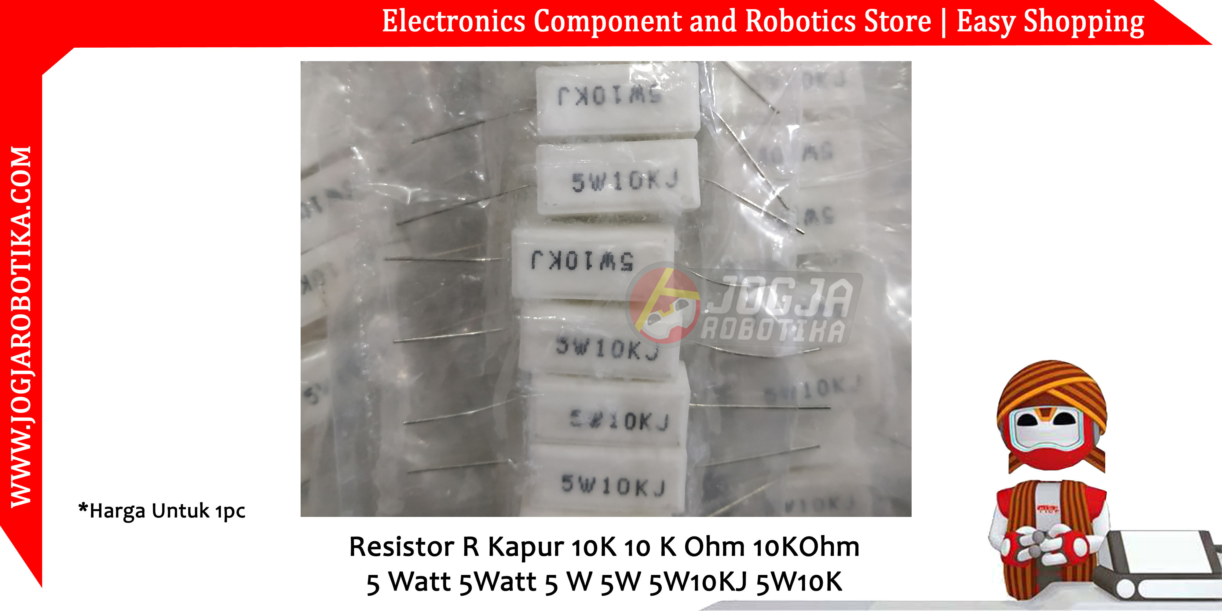 Resistor R Kapur 10K 10 K Ohm 10KOhm 5 Watt 5Watt 5 W 5W 5W10KJ 5W10K