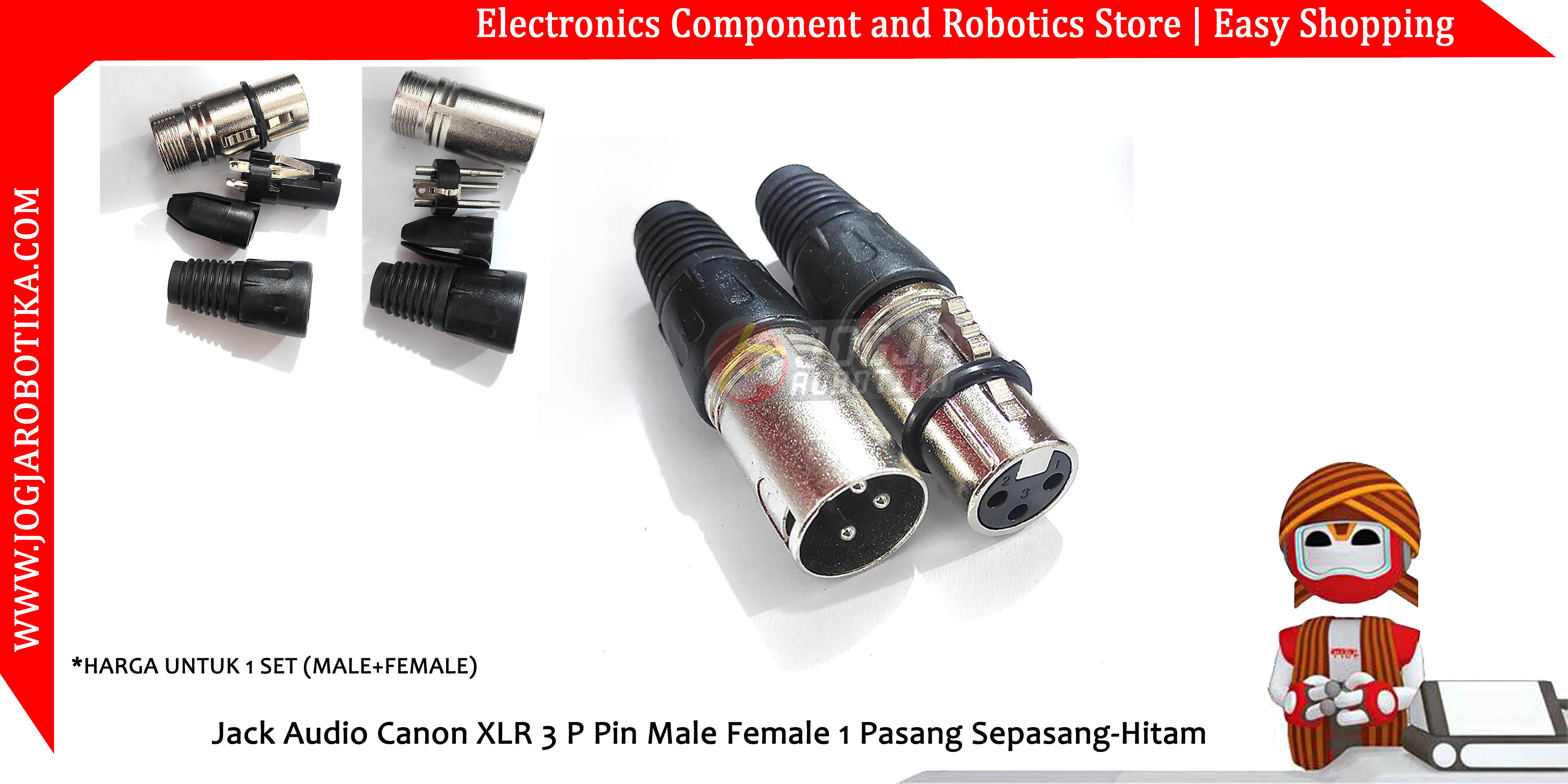 Jack Audio Canon XLR 3 P Pin Male Female 1 Pasang Sepasang-Hitam