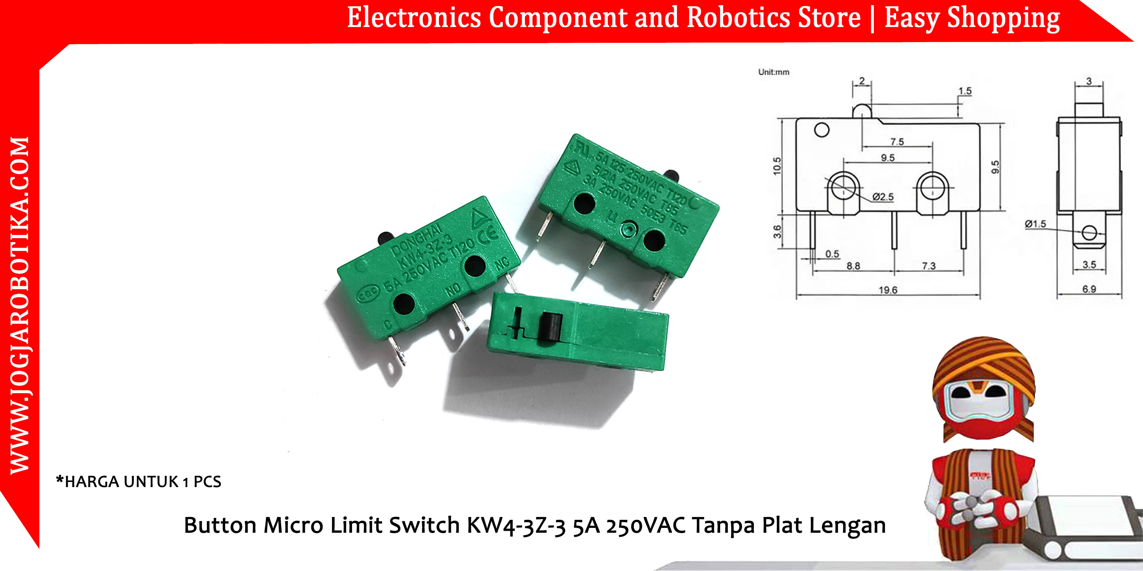 Button Micro Limit Switch KW4-3Z-3 5A 250VAC Tanpa Plat Lengan